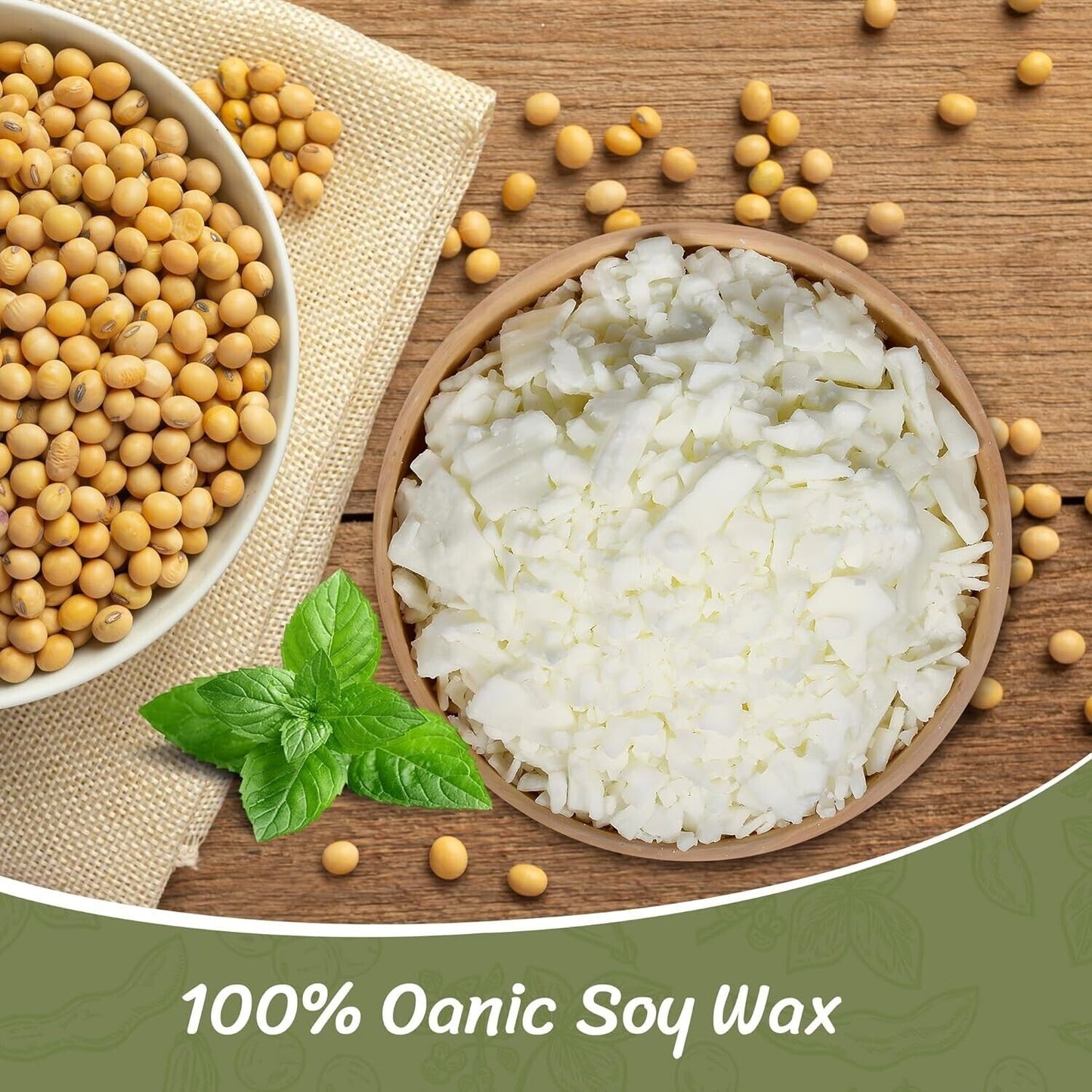 Soy wax flakes for candle making in a bowl beside raw soybeans on a wooden surface