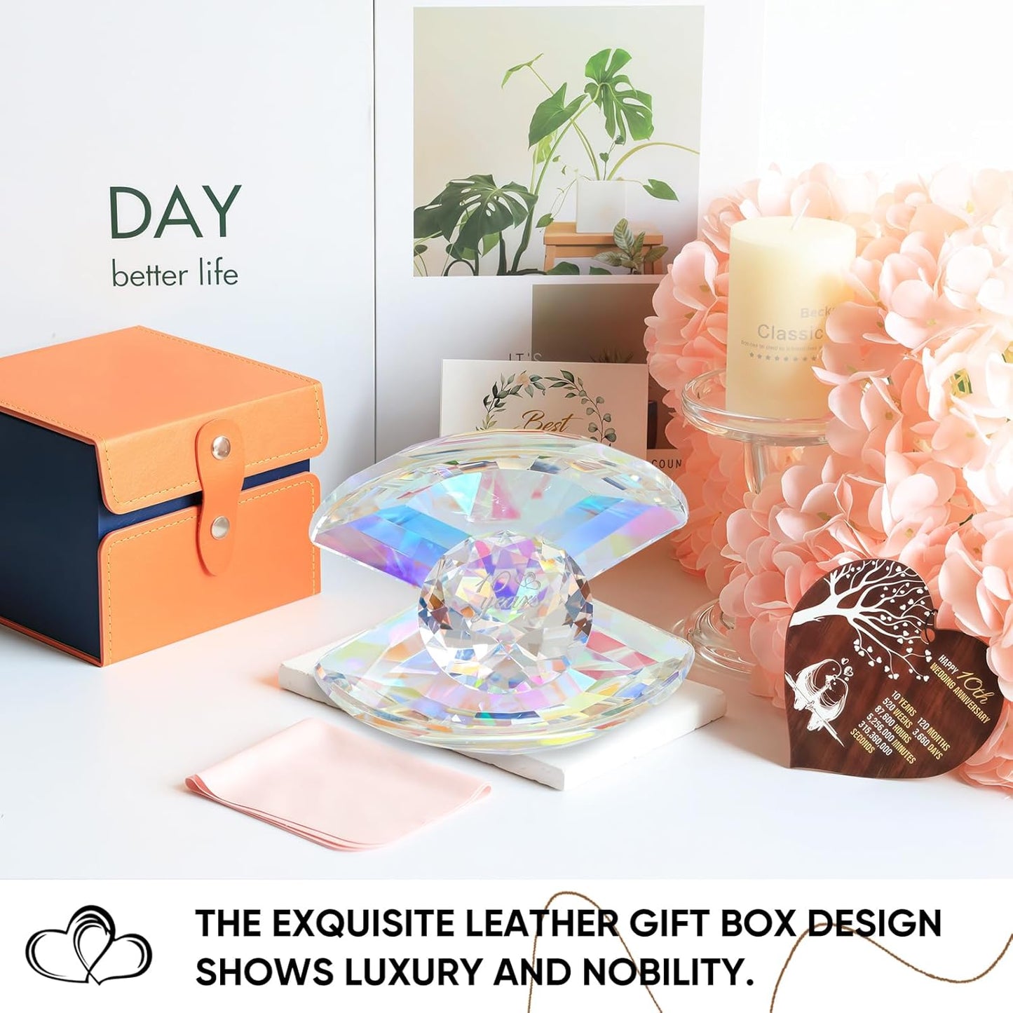 10th anniversary crystal gift for her displayed with luxury leather box and floral decorations