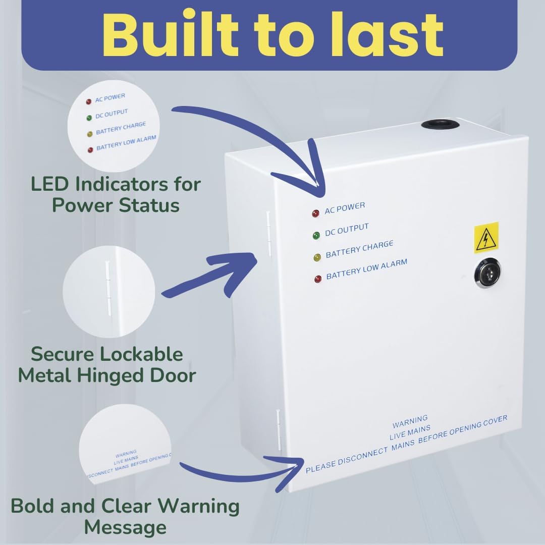 SecureMyDoor 12v power supply with metal lockable box featuring LED indicators and clear warning message