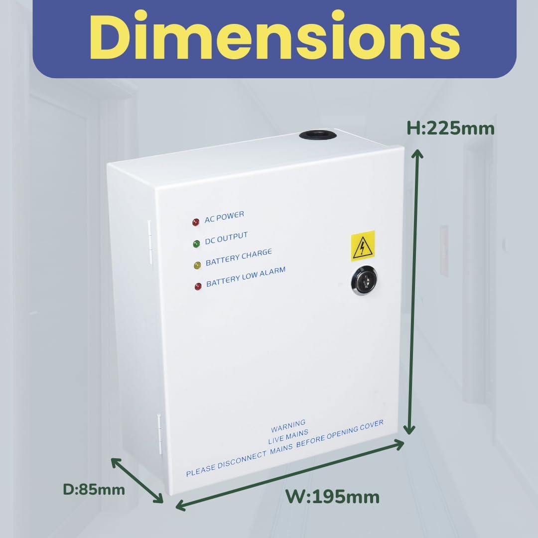 12v power supply with metal lockable box displaying AC power and battery indicators