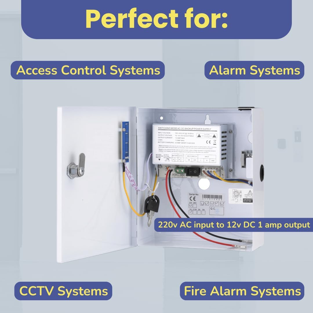 12v power supply with metal lockable box for secure access control and alarm systems