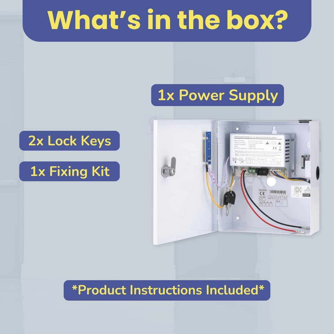 12v power supply with metal lockable box showing included components and fixing kit for secure installation