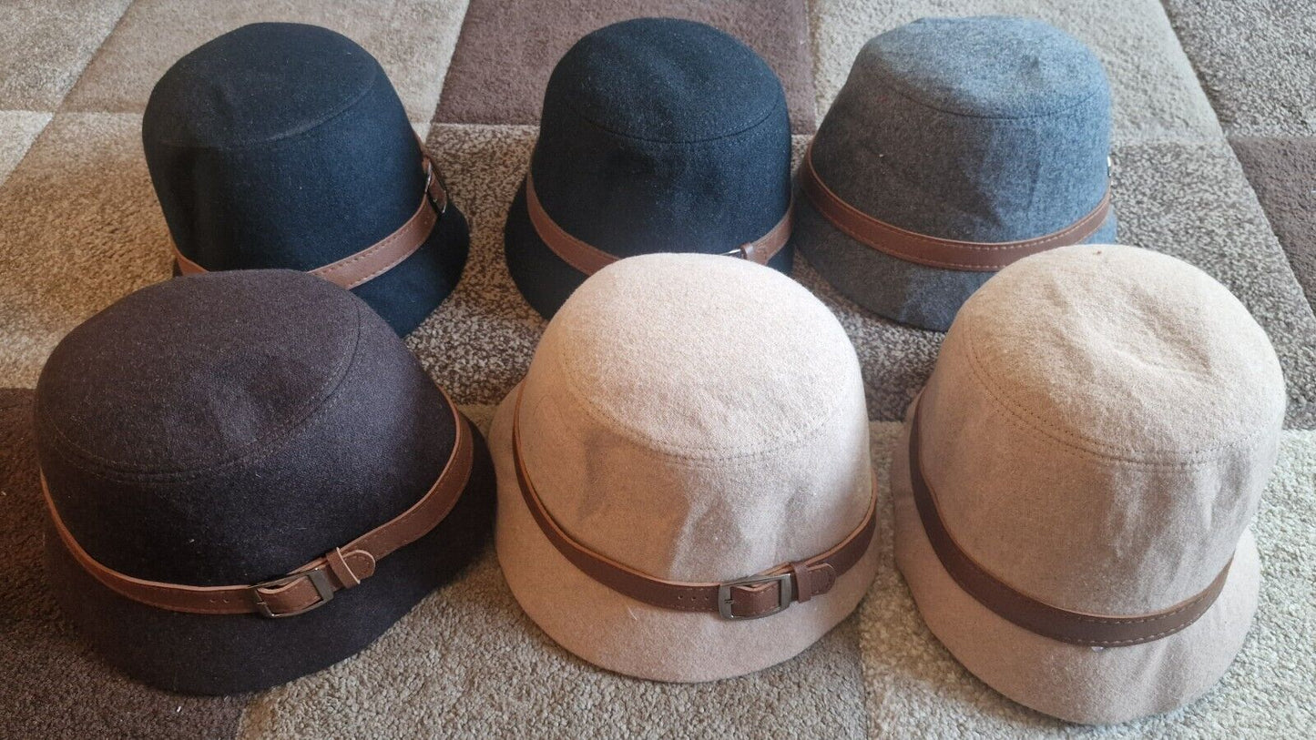 Collection of 1940s vintage womens hats in various colours with stylish belts