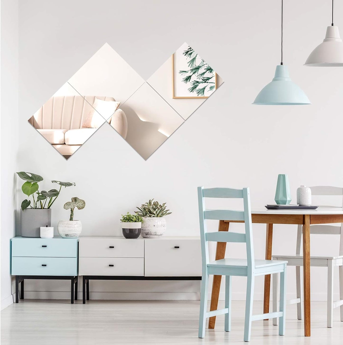 Evenlive 20cm x 20cm stick on mirrors arranged in a stylish living room decor