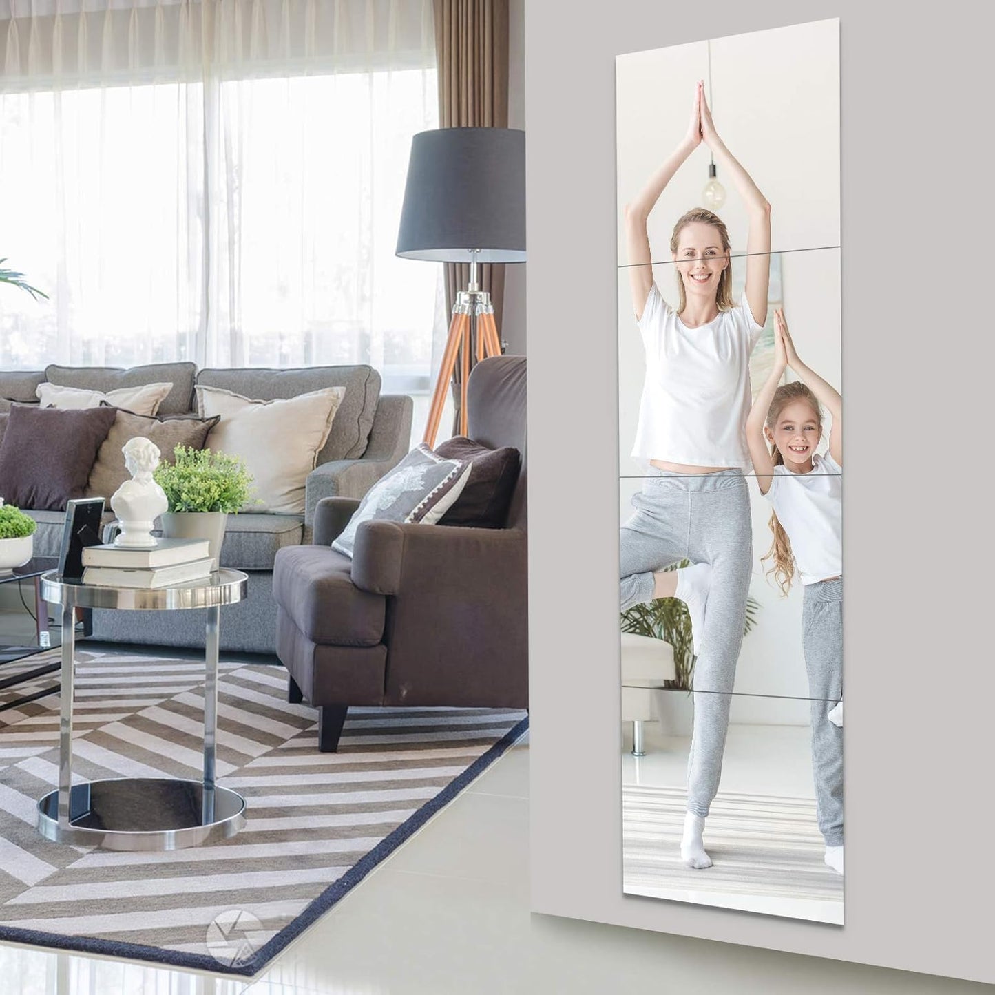 Evenlive 20cm x 20cm stick on mirrors arranged in a modern living room with a woman and child doing yoga