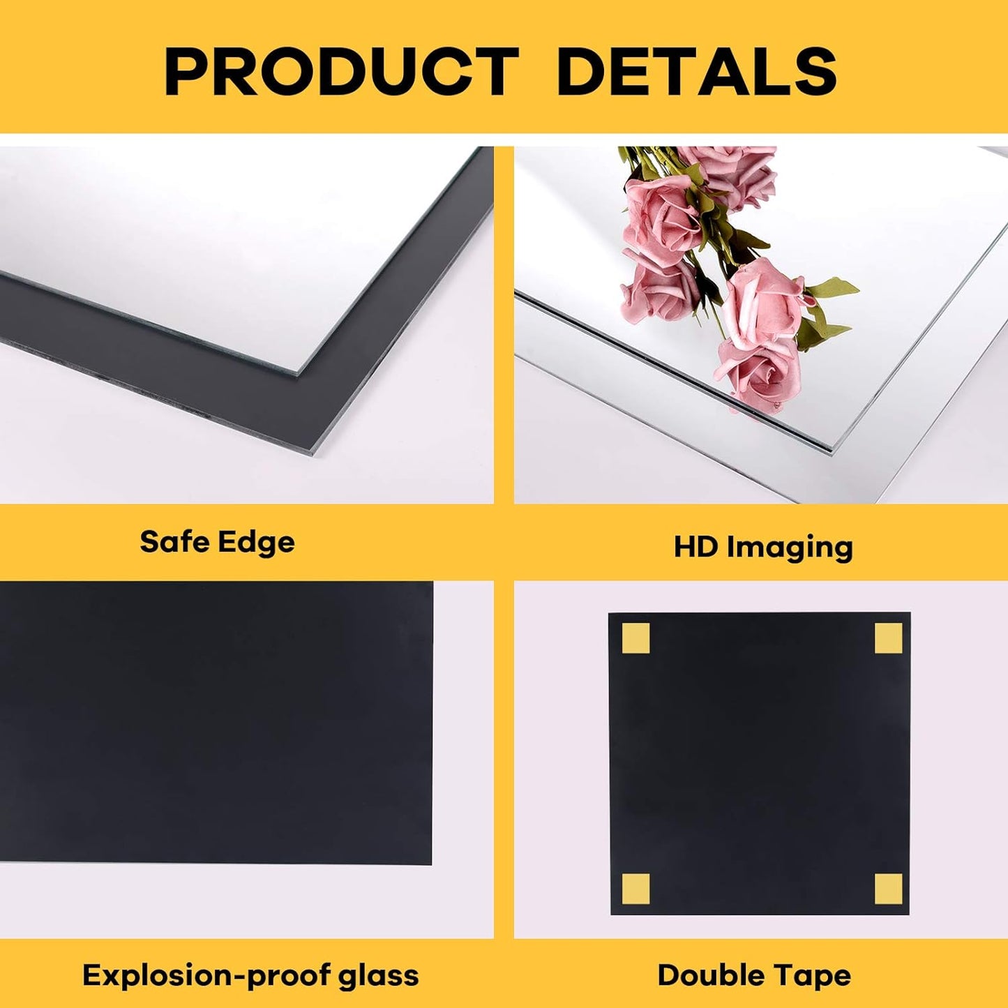 Four images showing product details of 20cm x 20cm stick on mirrors with safe edges and explosion-proof glass