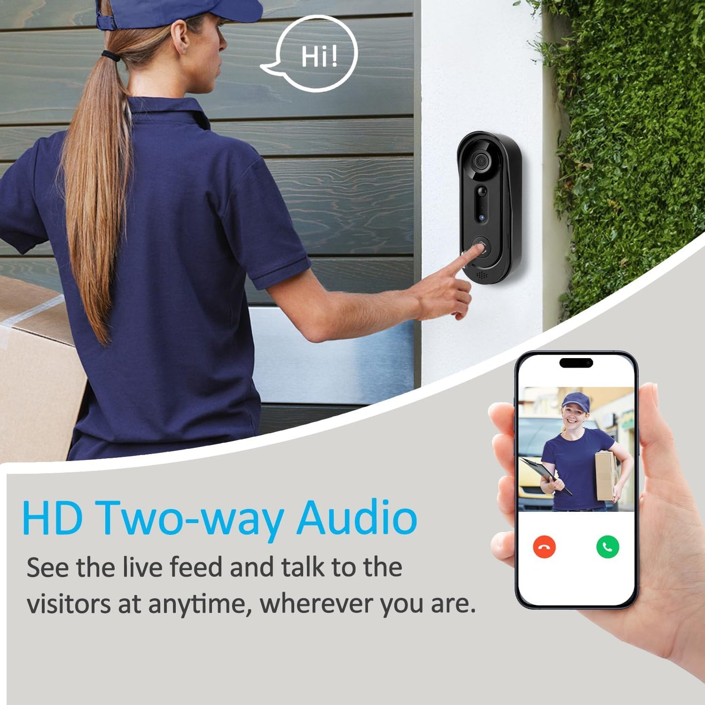 2K wireless video doorbell camera with HD two-way audio for real-time communication