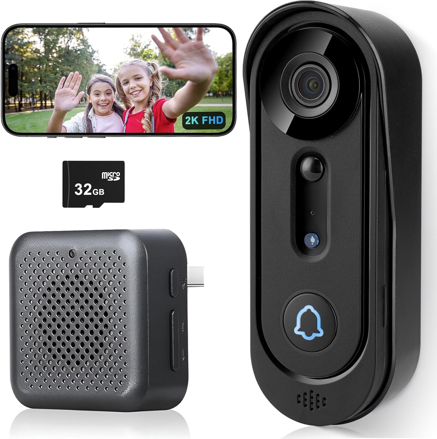 Rboxihen 2K wireless video doorbell camera with two-way audio and 32GB storage card