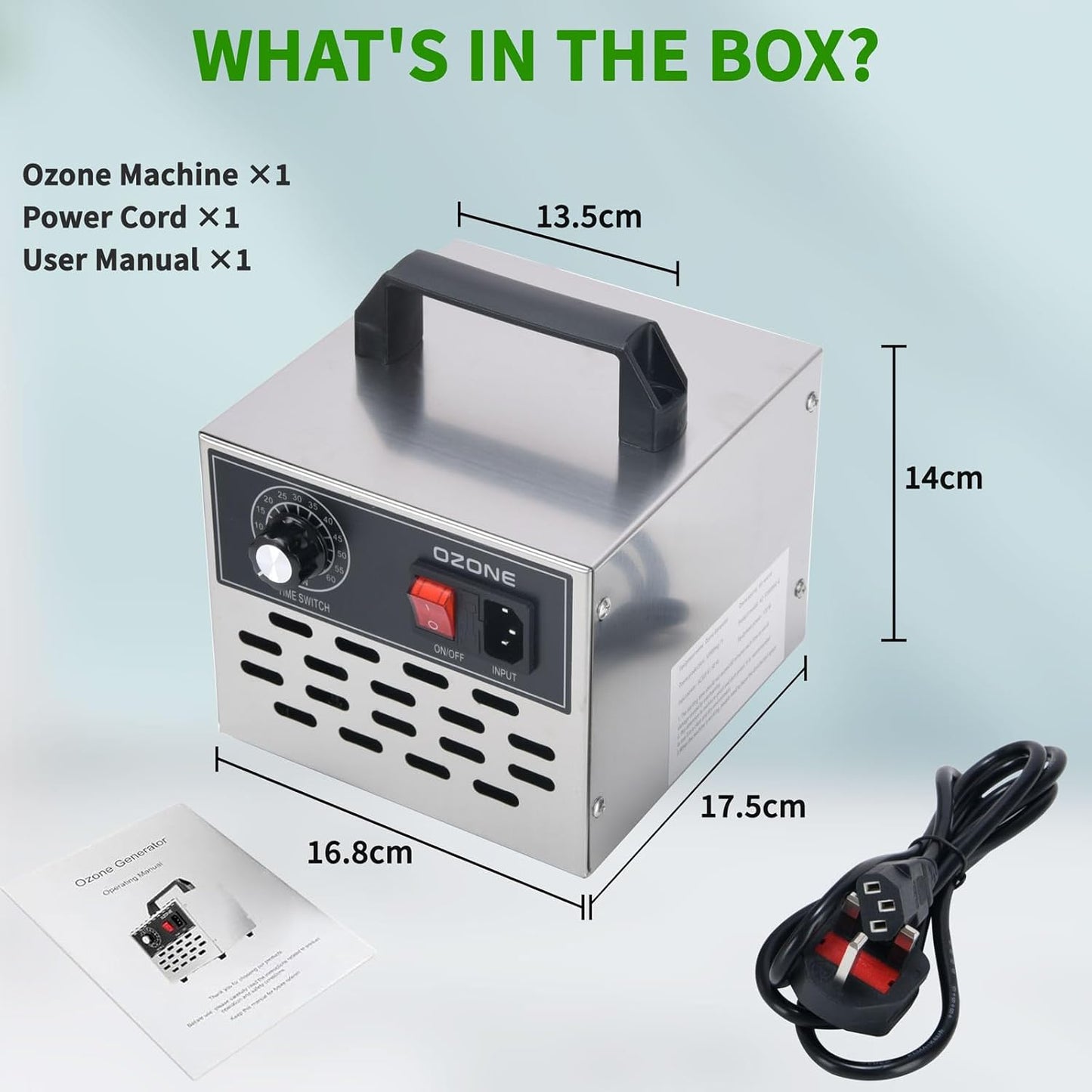 Umelee industrial ozone air purifier with power cord and user manual, ideal for odour elimination