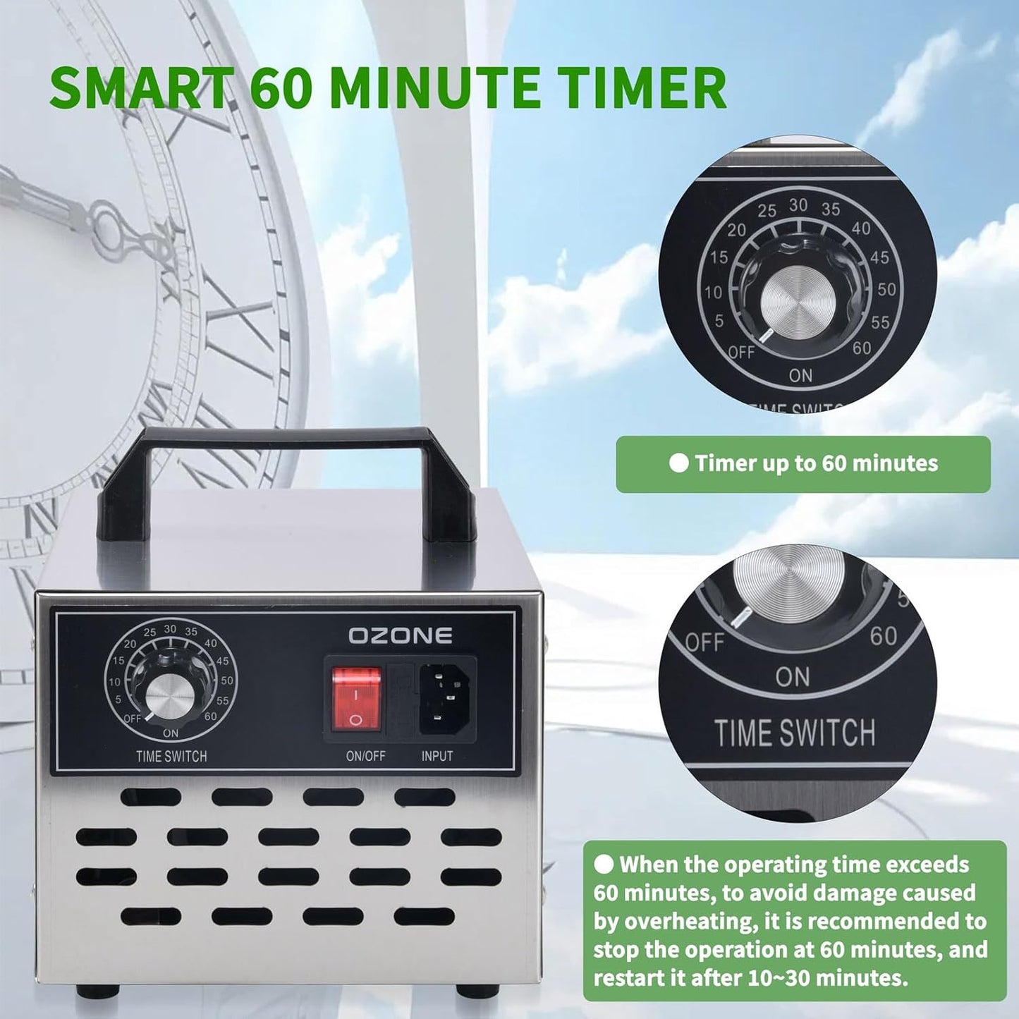 Umelee industrial ozone air purifier with smart 60 minute timer for effective air cleaning
