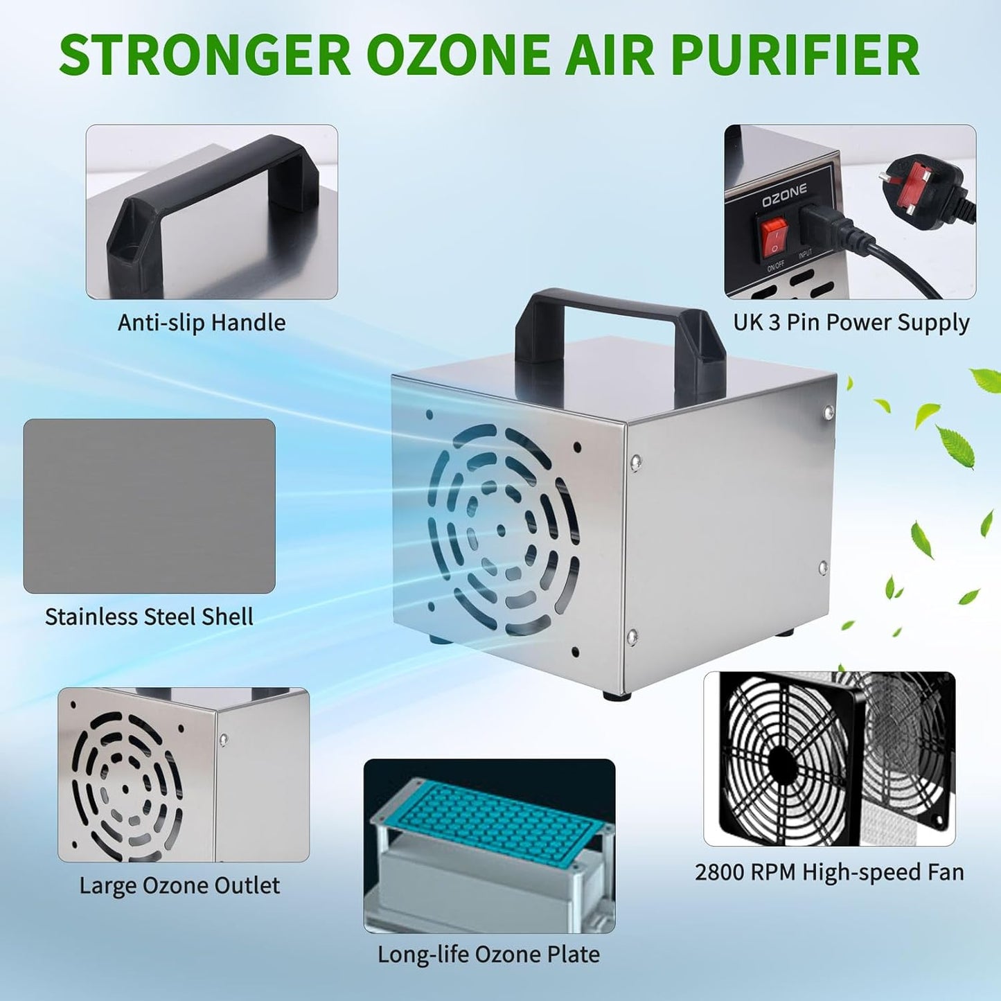Umelee industrial ozone air purifier with stainless steel shell and high-speed fan for effective air cleaning