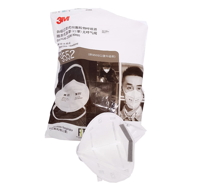 3M 9552 KN95 face mask packaging with one mask displayed for safety and protection