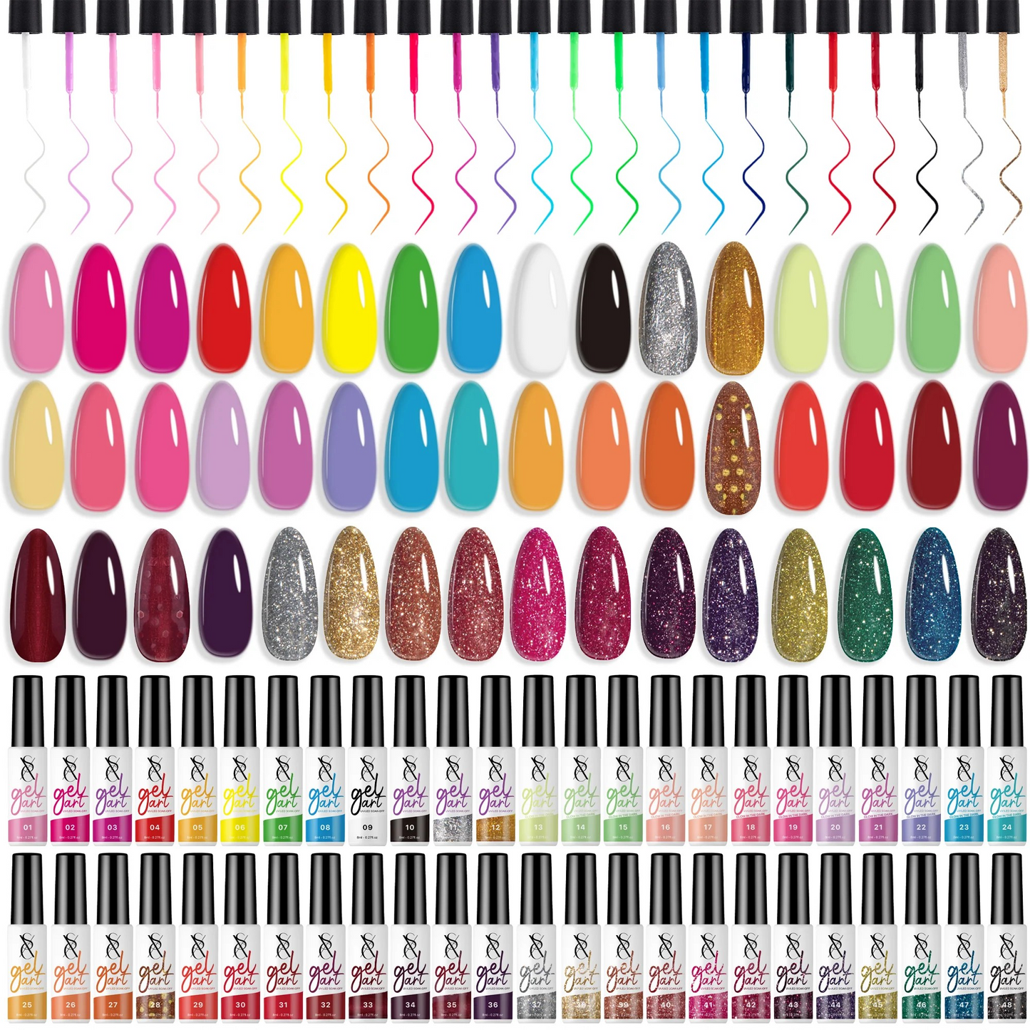 48 colours nail art gel liners displayed with various nail designs and shades for creative manicures