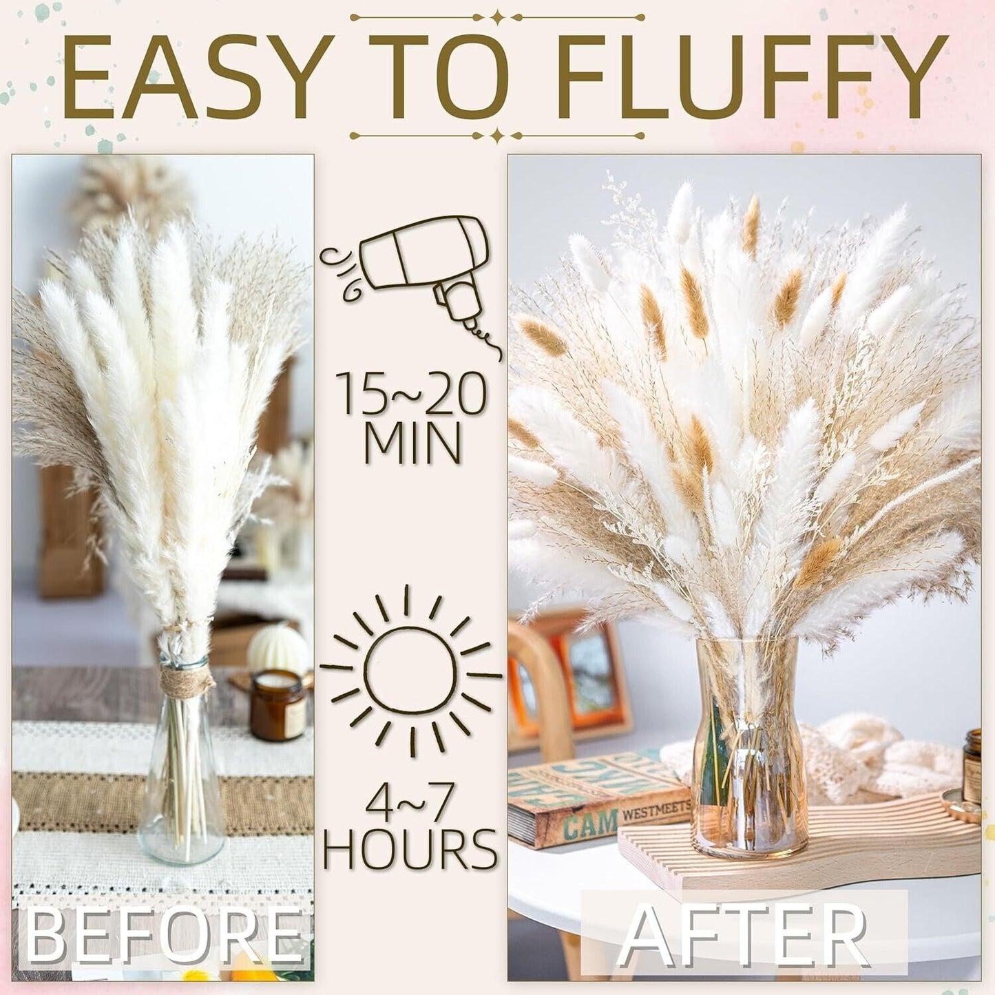The Trading Warehouse dried pampas grass bouquet in glass vase before and after fluffing with hairdryer and sun