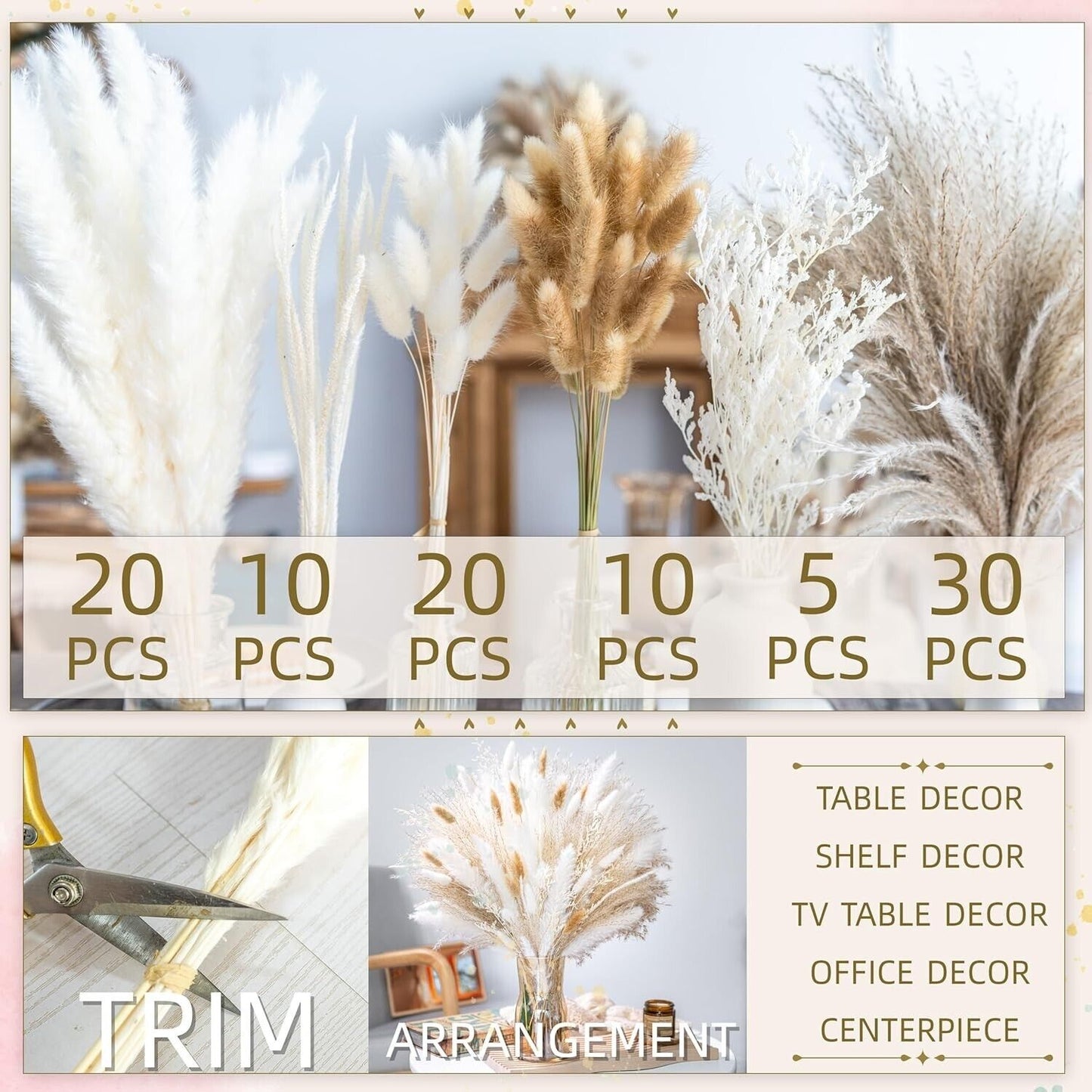 Homeware dried pampas grass bundle set from The Trading Warehouse for table shelf and centerpieces