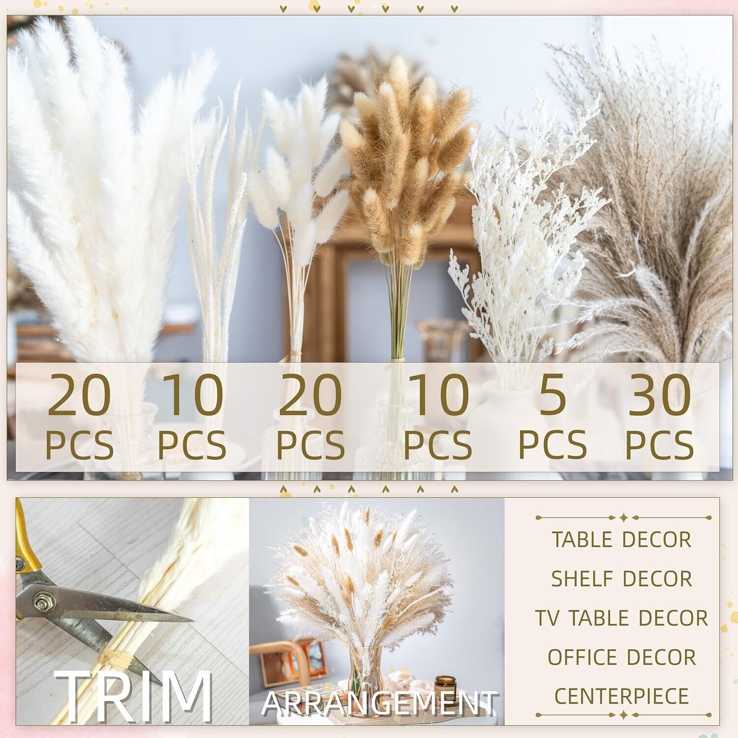 Homeware dried pampas grass bundle set from The Trading Warehouse for table shelf and centerpieces