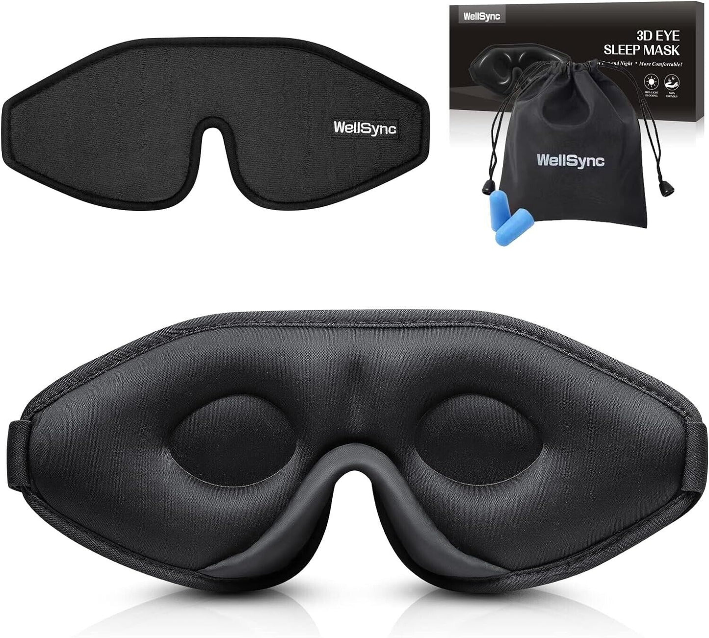 WellSync Sleep Eye Mask, 3D Contoured Cup Sleeping Mask Blindfold (Black)