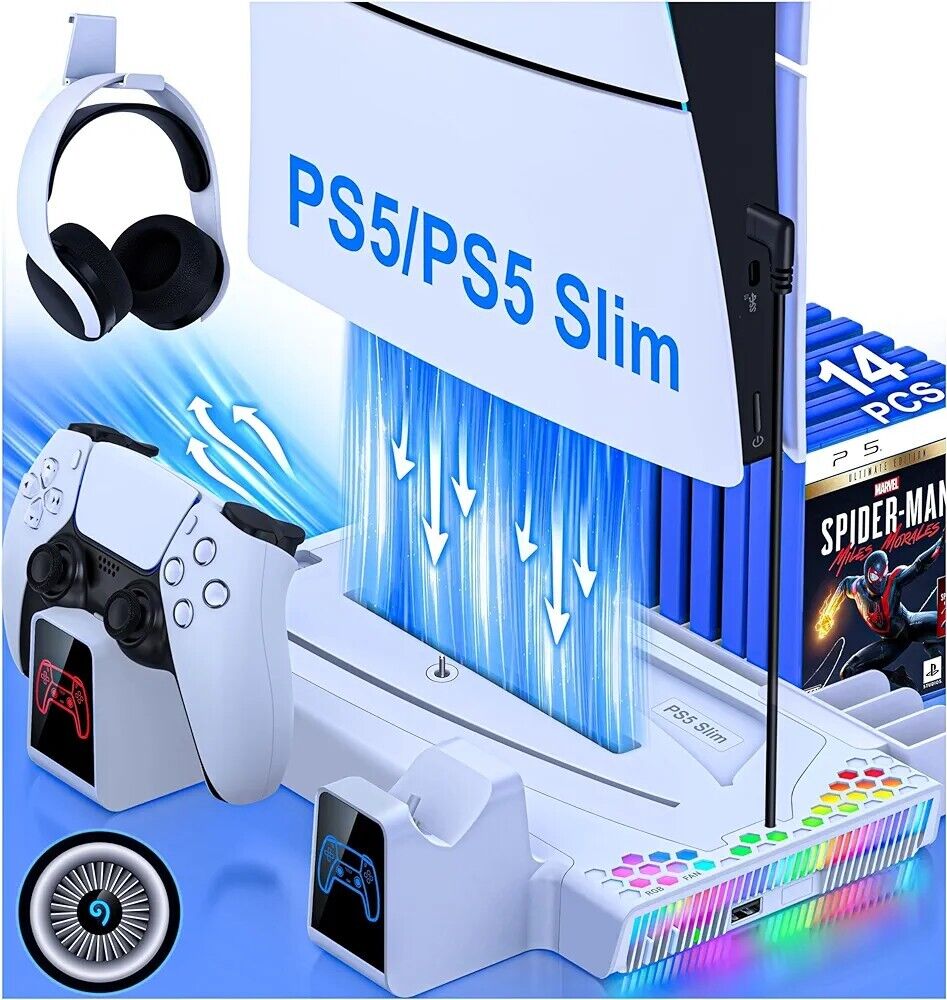 Stand for PS5, Vertical Stand with Turbo Cooler Fan & RGB Light, Cooling Stand