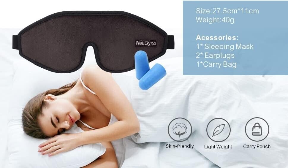 WellSync Sleep Eye Mask, 3D Contoured Cup Sleeping Mask Blindfold (Black)
