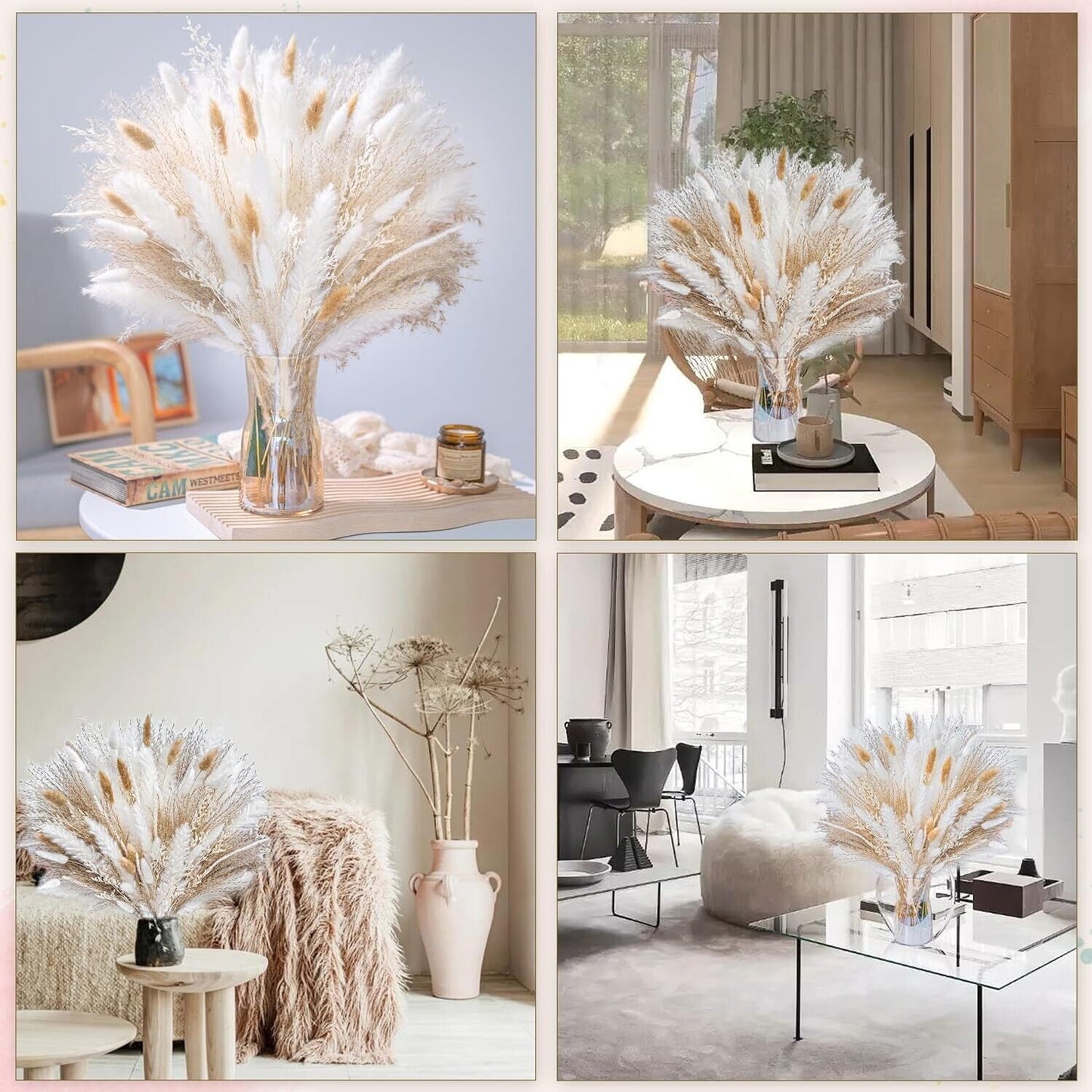 White pampas grass homeware center piece bouquet in glass vase on living room table