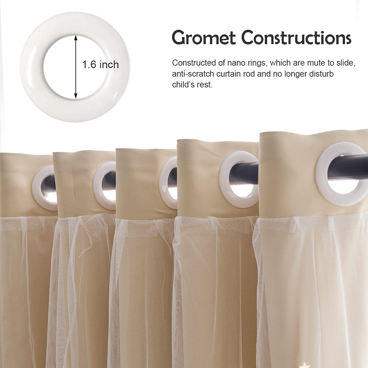 Star Blackout Curtains with Nets,Beige Star Panels Nursery Double Layer Window Curtains for Kids Girls Room Bedroom Living Room Decoration,2 Panels,W 52 in x L 84 in