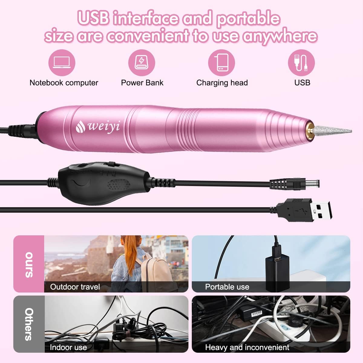 Nail Drill, Electric Nail Drill USB, Electric Nail Files Professional 20000 RPM Adjustable