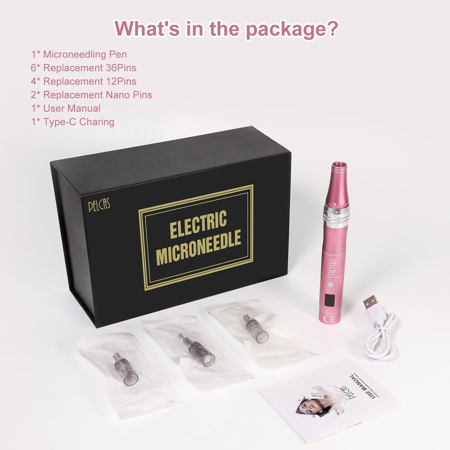 Microneedling Pen 9-Speeds, PELCAS Dermapen with LCD Screen 12 Replacement Pcs