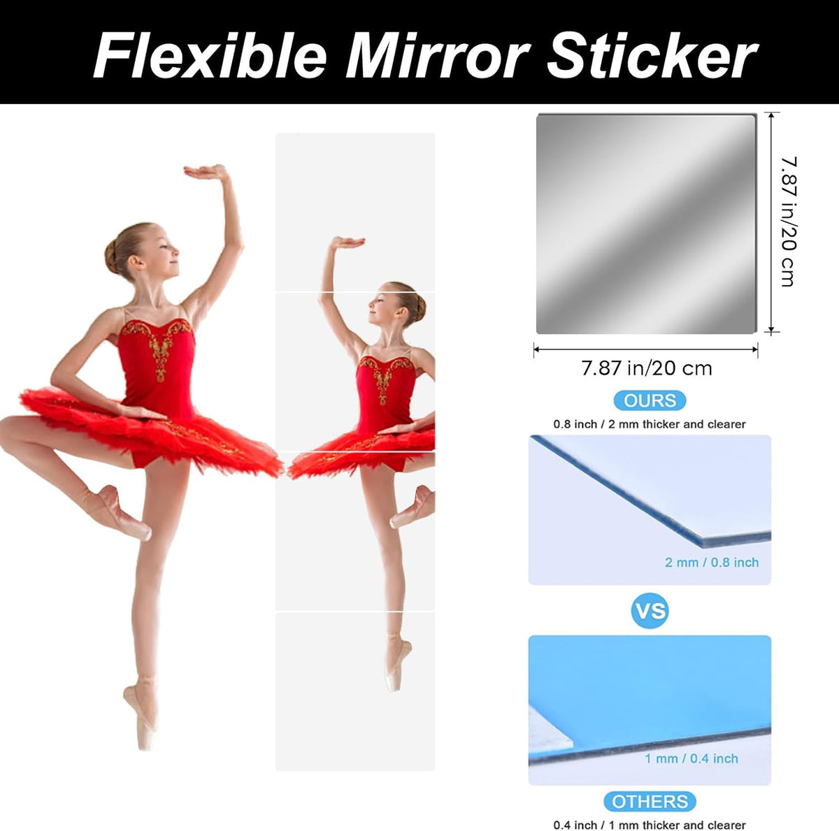 4 Pack 20x20cm Self Adhesive Mirror Tiles 2MM Thick Flexible Decorative Plastic Mirror Sheets Adhesive Mirror Stickers