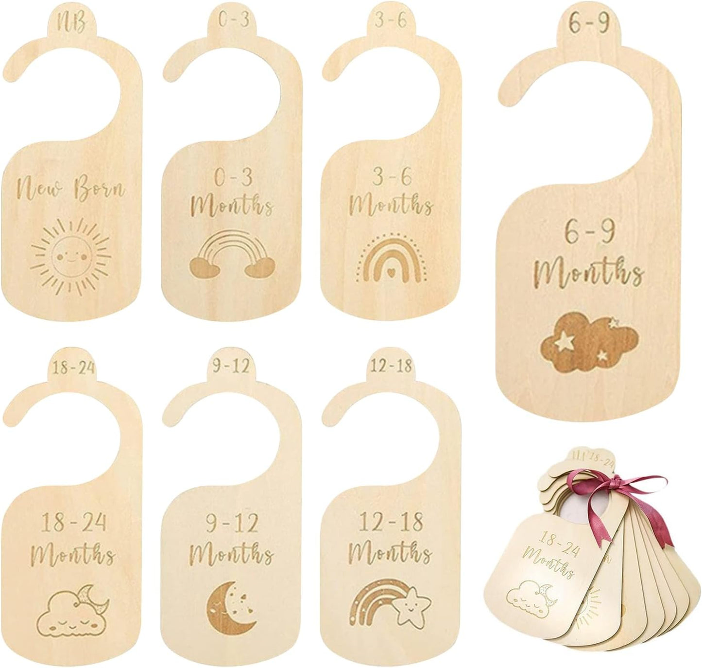 7 Pcs Baby Wardrobe Dividers, Cartoon Wood Baby Clothes Dividers by Size Age, Closet Clothes Organiser Labels Wardrobe Separators, Newborn Gifts for Parents