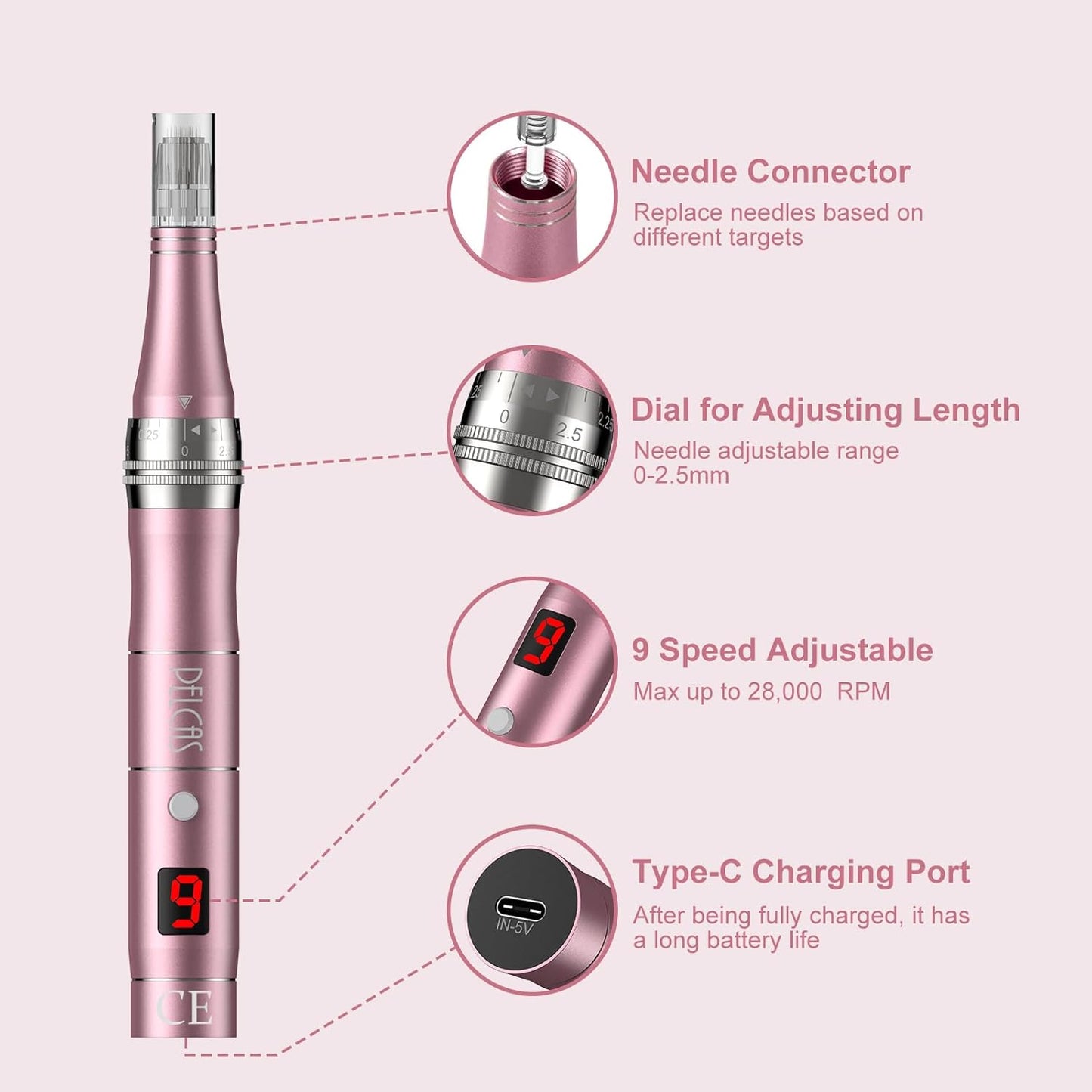 Microneedling Pen 9-Speeds, PELCAS Dermapen with LCD Screen 12 Replacement Pcs