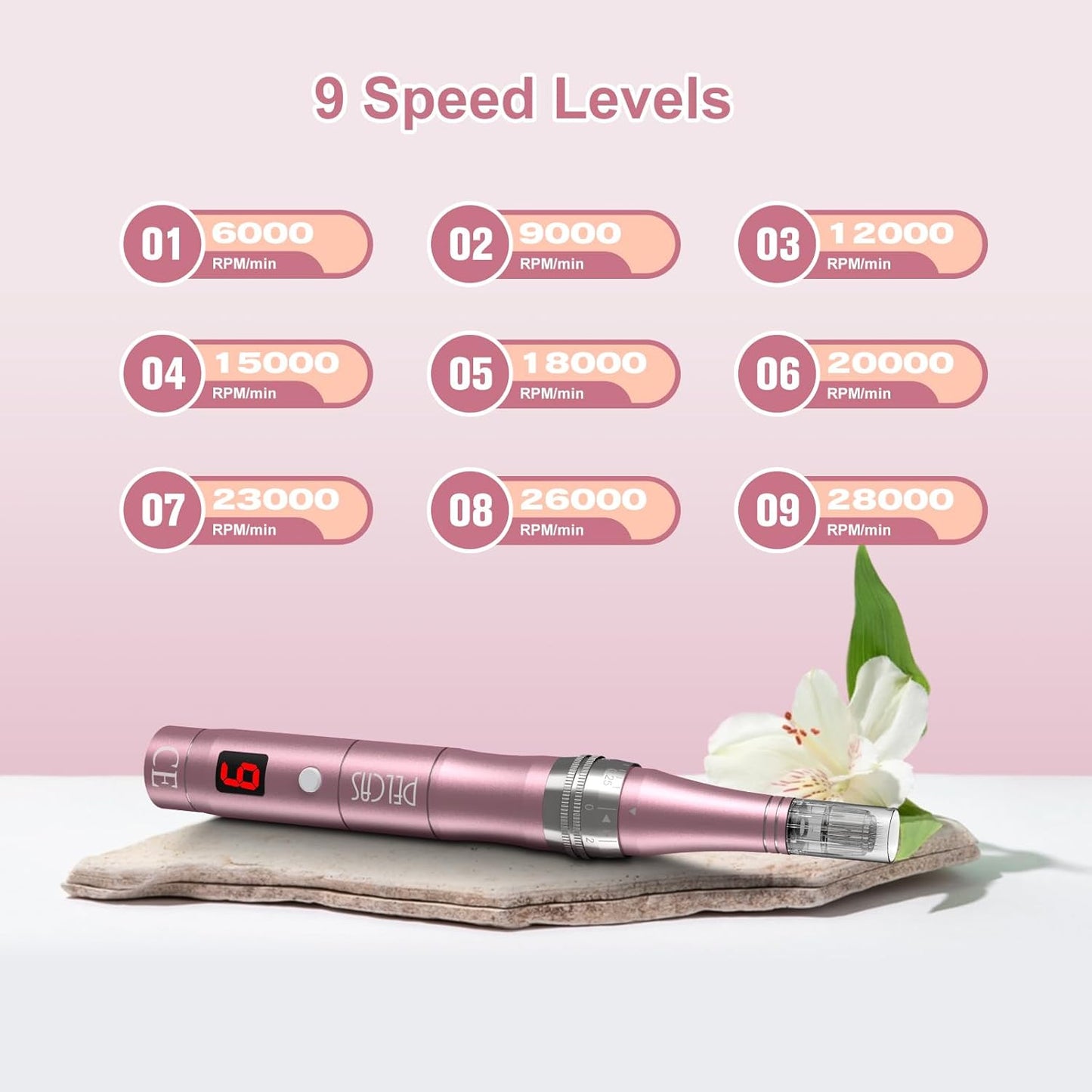 Microneedling Pen 9-Speeds, PELCAS Dermapen with LCD Screen 12 Replacement Pcs