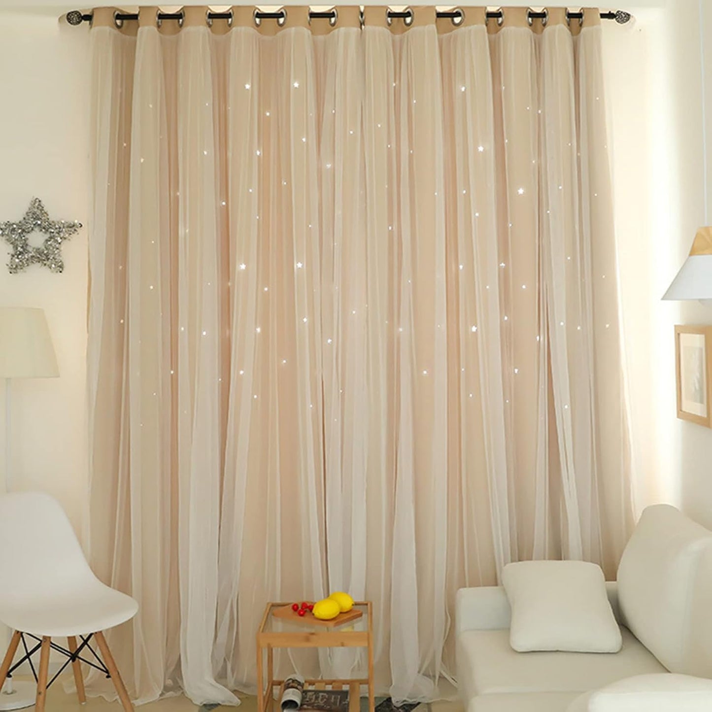 Star Blackout Curtains with Nets,Beige Star Panels Nursery Double Layer Window Curtains for Kids Girls Room Bedroom Living Room Decoration,2 Panels,W 52 in x L 84 in