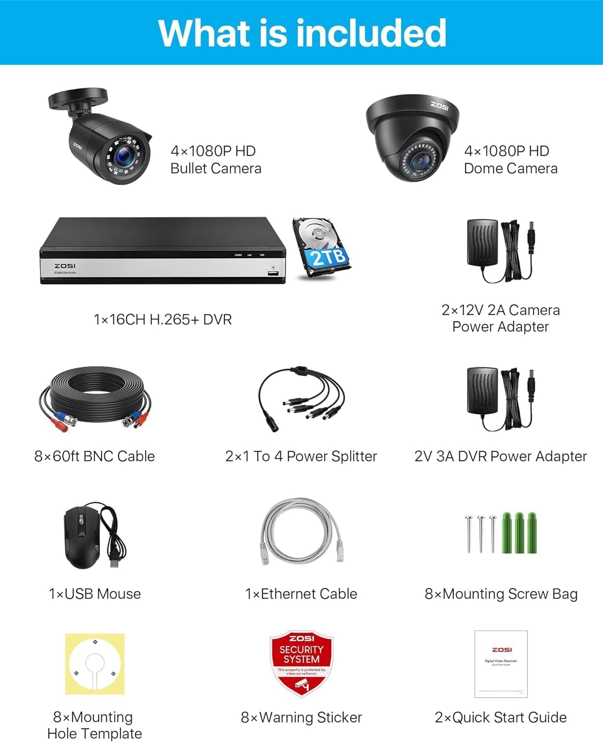 ZOSI H.265+ 1080p 16 Channel Security Camera System,16 Channel DVR with Hard Drive 2TB and 8 x Outdoor Indoor CCTV Bullet Cameras 1080p with Long Night Vision and 110° Wide Angle