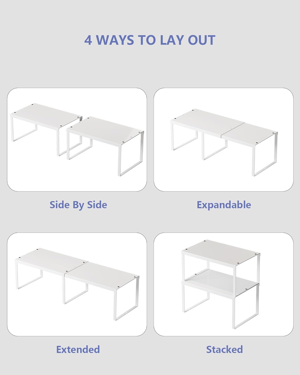 JEPEErbz Kitchen Cupboard Organiser, 2-Pack Cabinet Storage Shelf Organizer Rack, Metal Expandable Spice Holder, Stackable Storage Shelves for Cupboard, Shelf Insert, Countertop, Pantry (White)