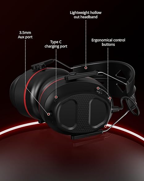 Bluetooth 5.4 Ear Defender, Wireless Hearing Protector Earmuffs with 1200mAh Rechargeable Battery