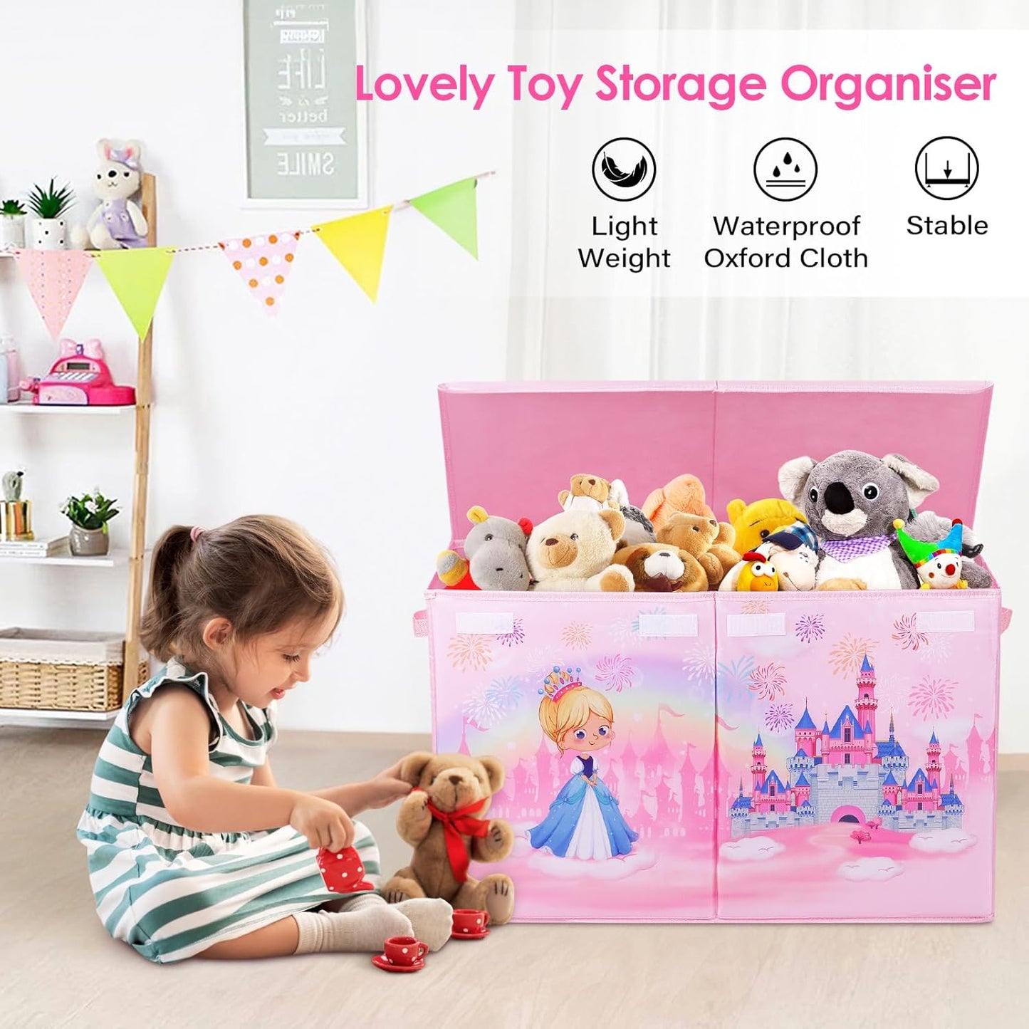 Princess Castle Kids Large Toy Storage Box with Lid, Foldable (65×30×40cm)