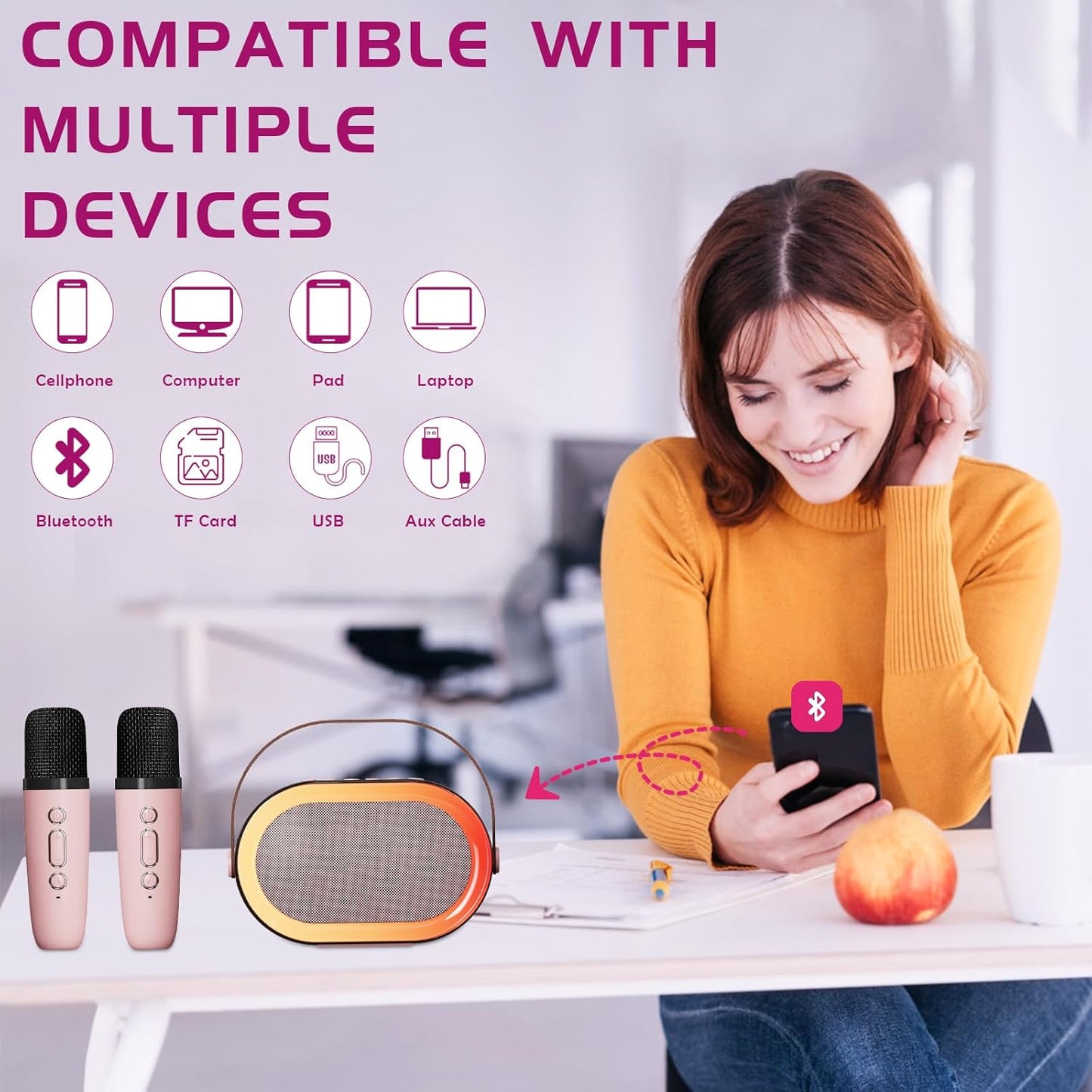 Tikimoon Pink Karaoke Machine Bluetooth Karaoke Machine Adults with 2 Wireless Microphones