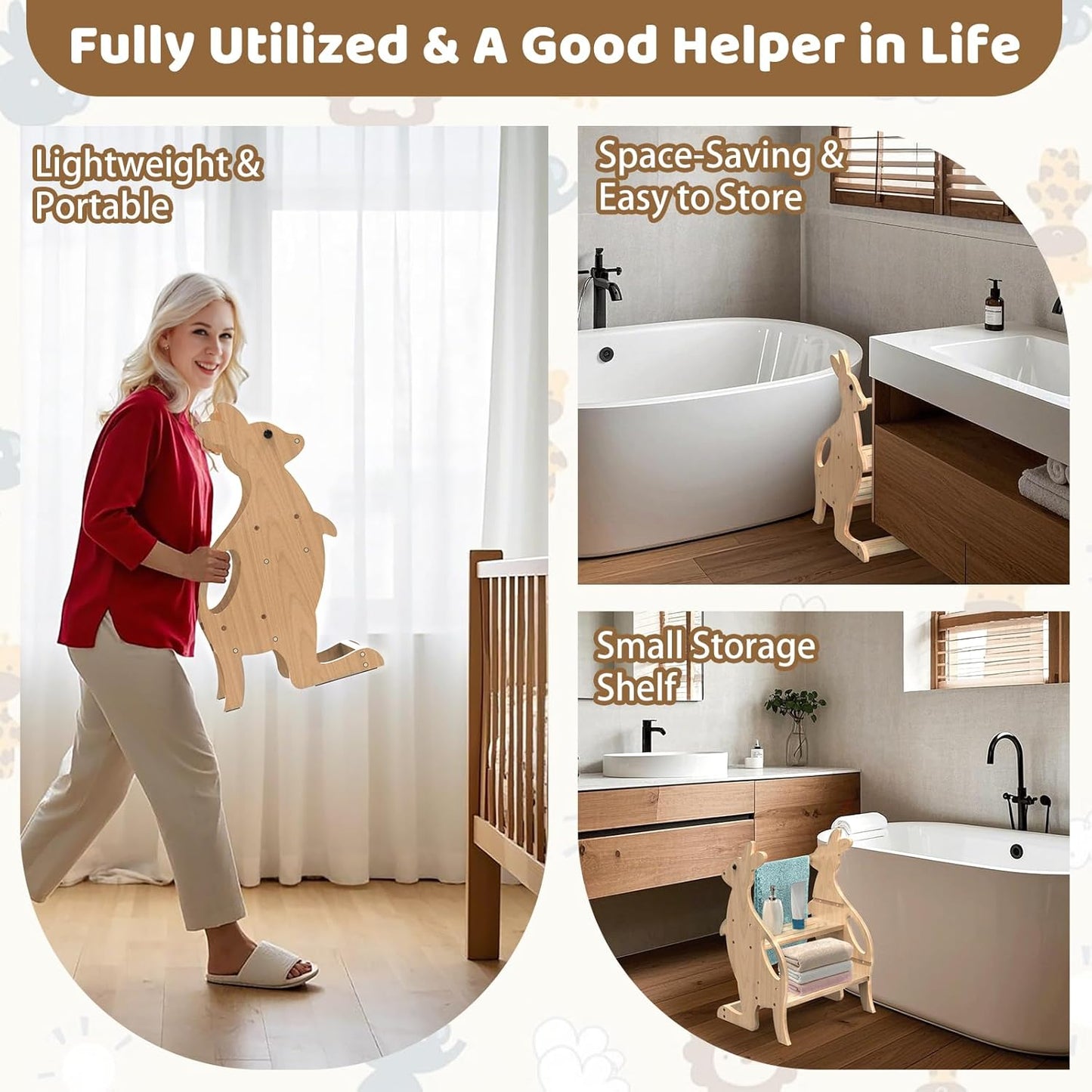 Wooden Toddler Step Stool for Bathroom Sink, Adjustable Height 2 in 1 Toddler Kitchen Stool Helper Tower with Safety Rail Toilet Potty Training Kids Learning Standing Tower for Kitchen Counter