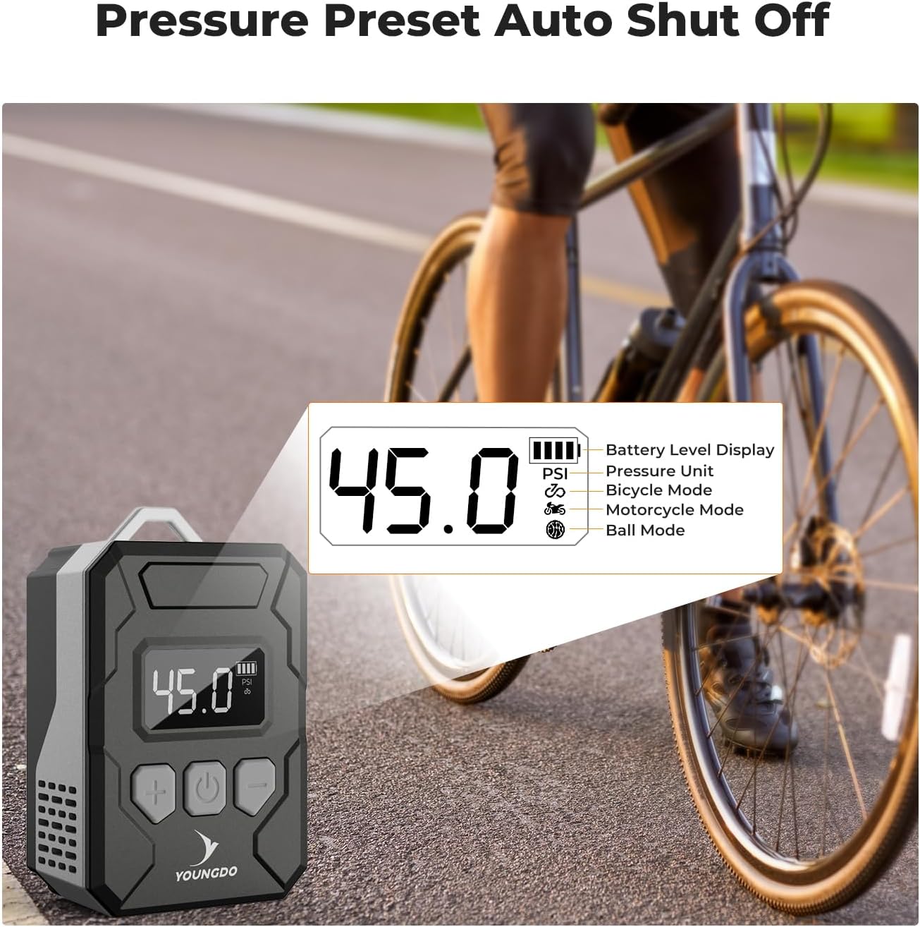 150PSI mini Bike Pump, YOUNGDO Tire Inflator with Digital Pressure Gauge, Auto Stop Type-C Function