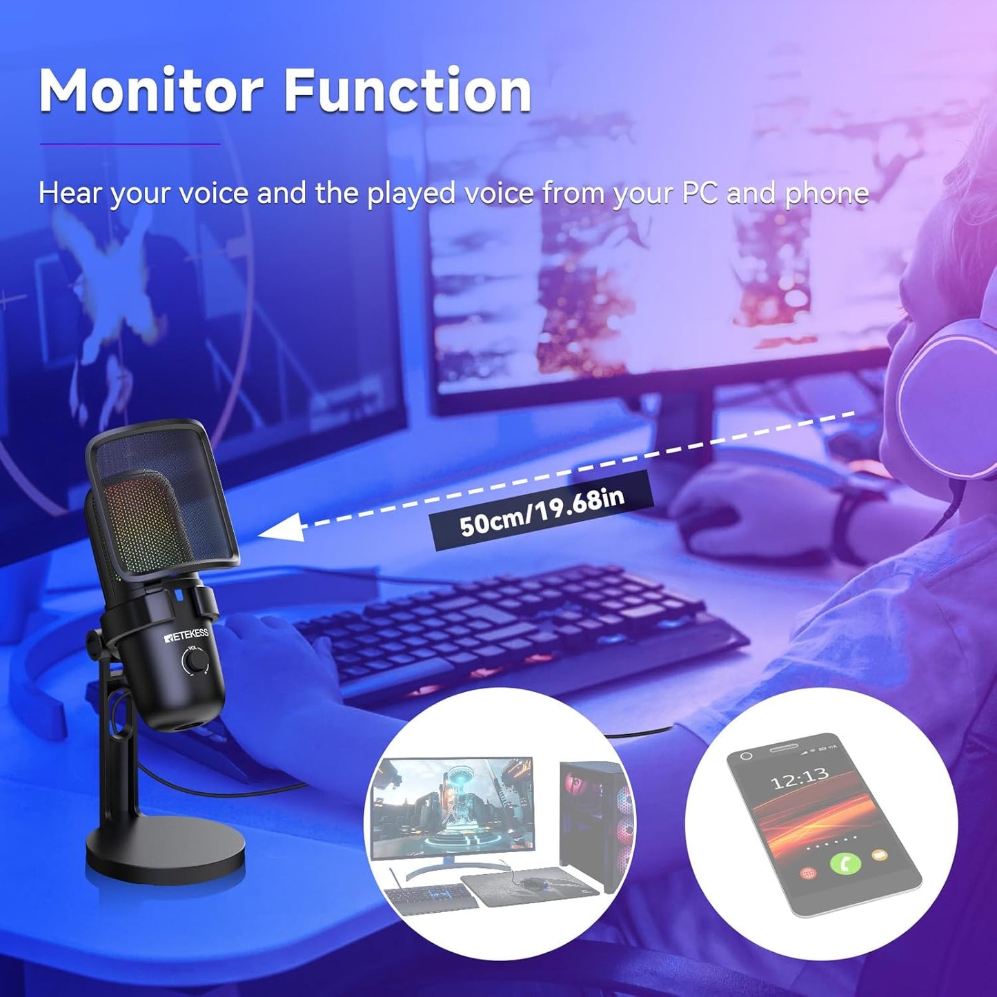 TG201 Gaming Mic, HiFi Sound Quality, Plug and Play, 2 Pickup modes, Compatible with PC