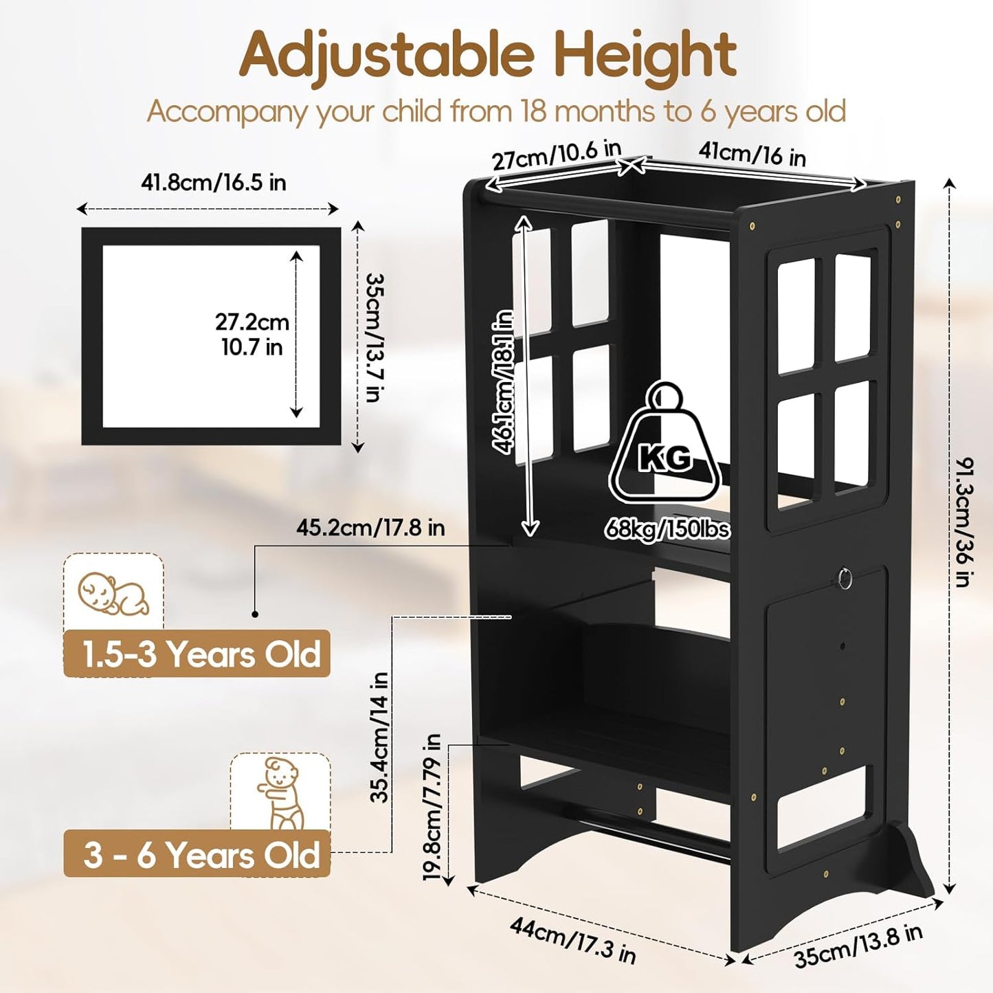 Kids Kitchen Stool Helper, Learning Standing Stool - Height Adjustable