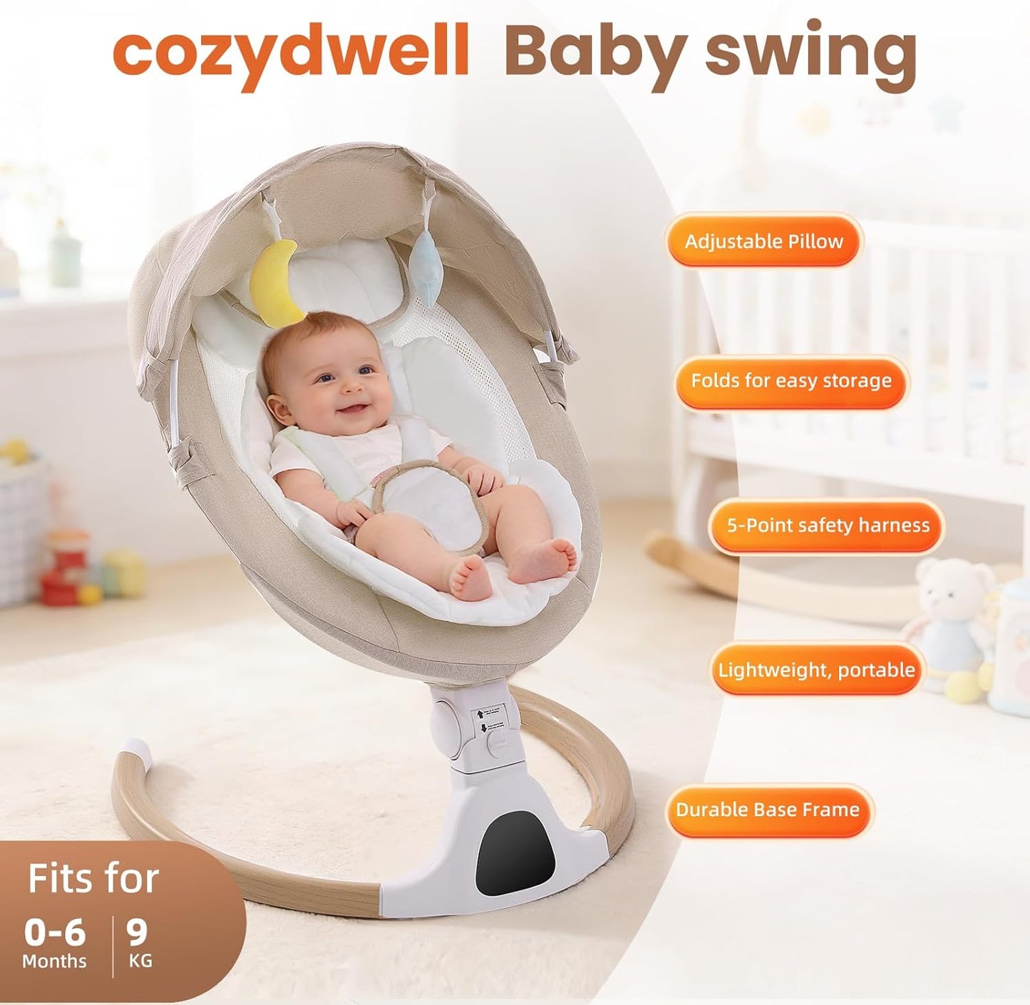 Electric Baby Swing Chair from Birth, 0–6 Months, max 9kg,Portable Newborn Baby Bouncer with Bluetooth, Rocking Rocker Chair 5 Swing Speed
