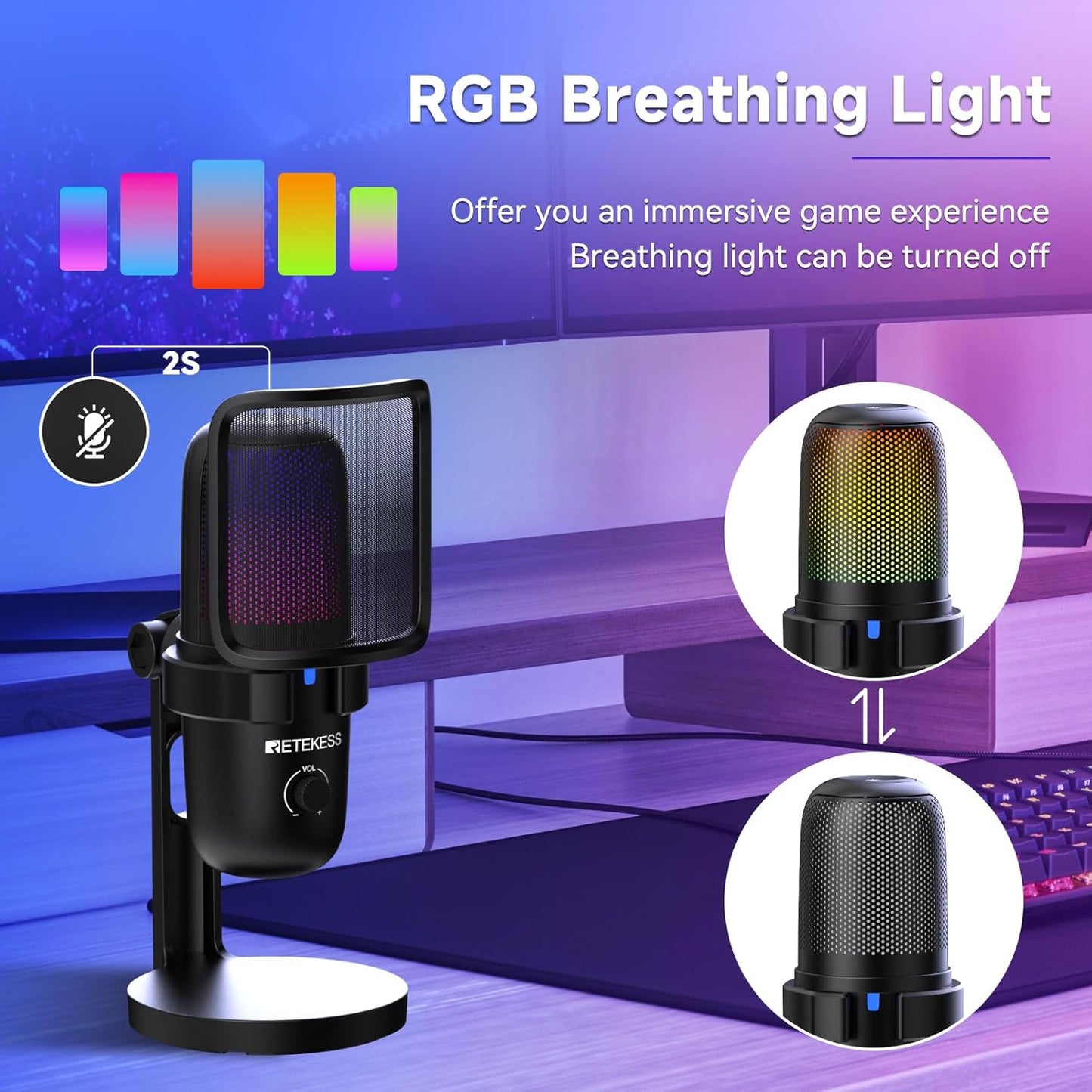 TG201 Gaming Mic, HiFi Sound Quality, Plug and Play, 2 Pickup modes, Compatible with PC