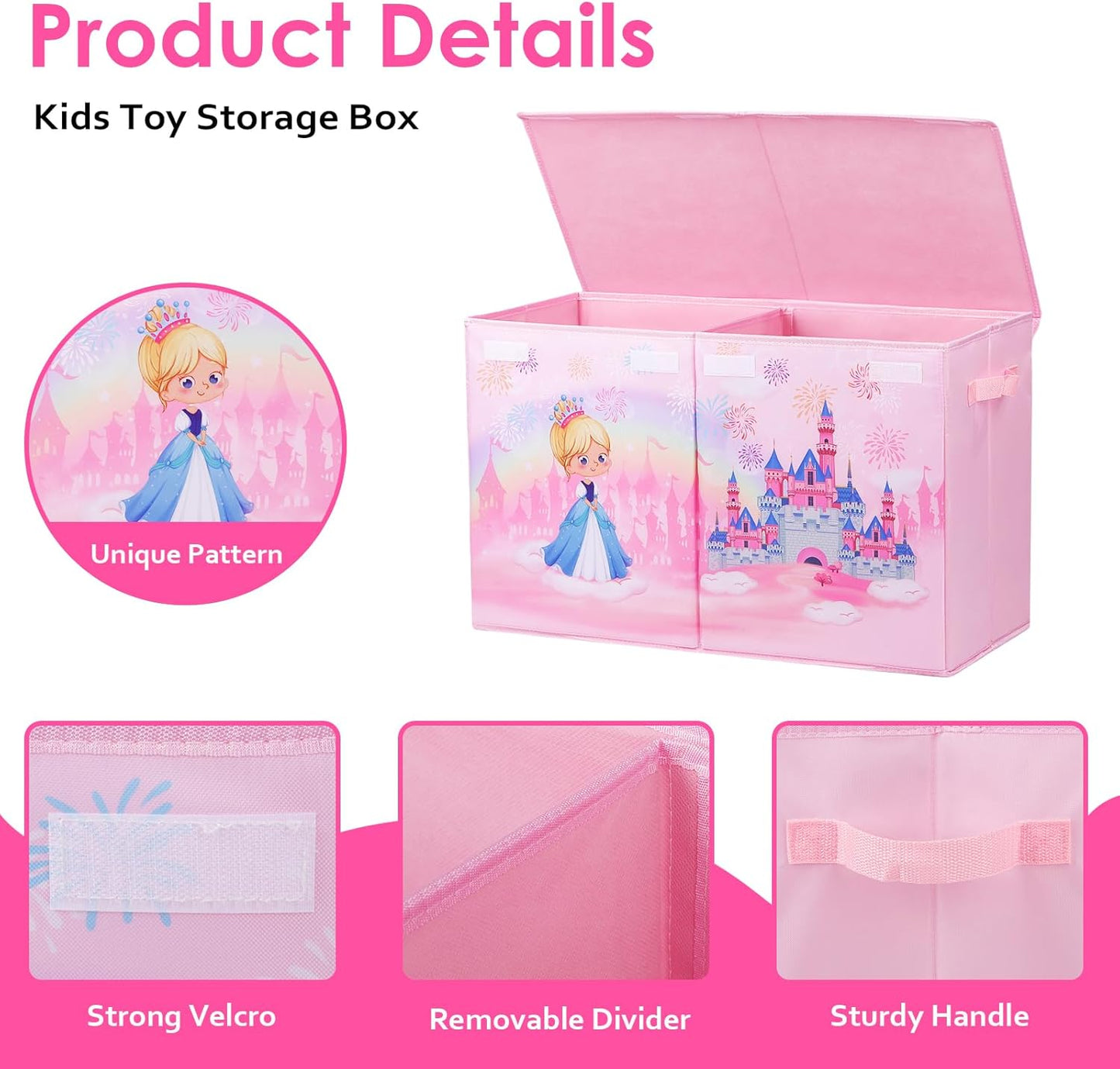 Princess Castle Kids Large Toy Storage Box with Lid, Foldable (65×30×40cm)