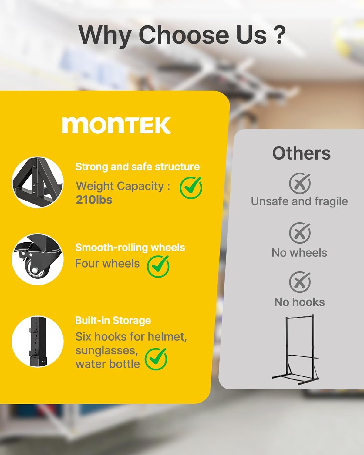 monTEK Freestanding Bike Stand for 3 Bikes & 4 Helmets, Heavy Duty Steel Bike Stroage Rack with Wheels, Adjustable Height, Mobile Bike Floor Stand for Indoor & Garage, Holds up to 95kg