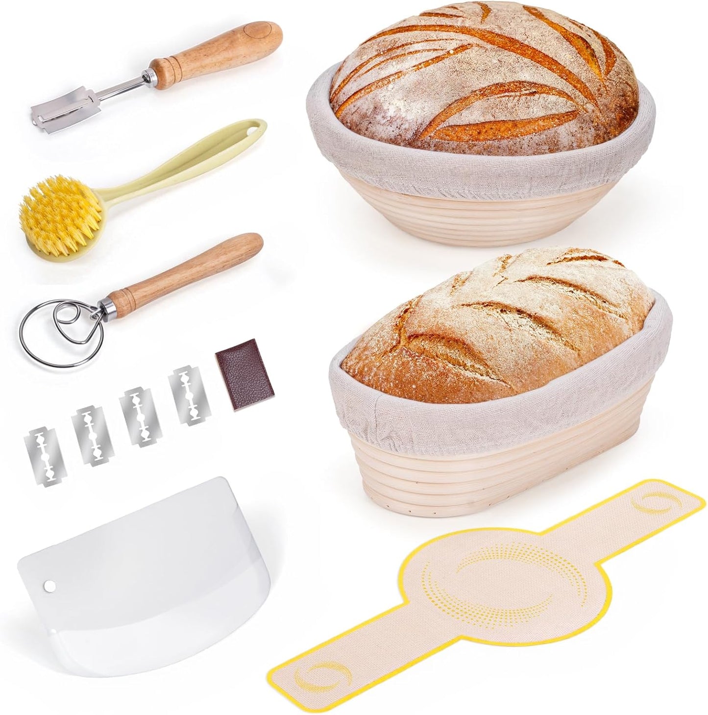 Bread Proofing Basket Set, 9 Inch Round and 10 Inch Oval Rattan Banneton Bowl with Sourdough Bread Making Tools