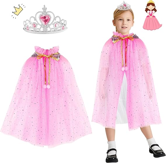Princess Cloak Sparkling Sequins Tulle Princess Costumes for Girls with Crown Princess Fancy Dress Up