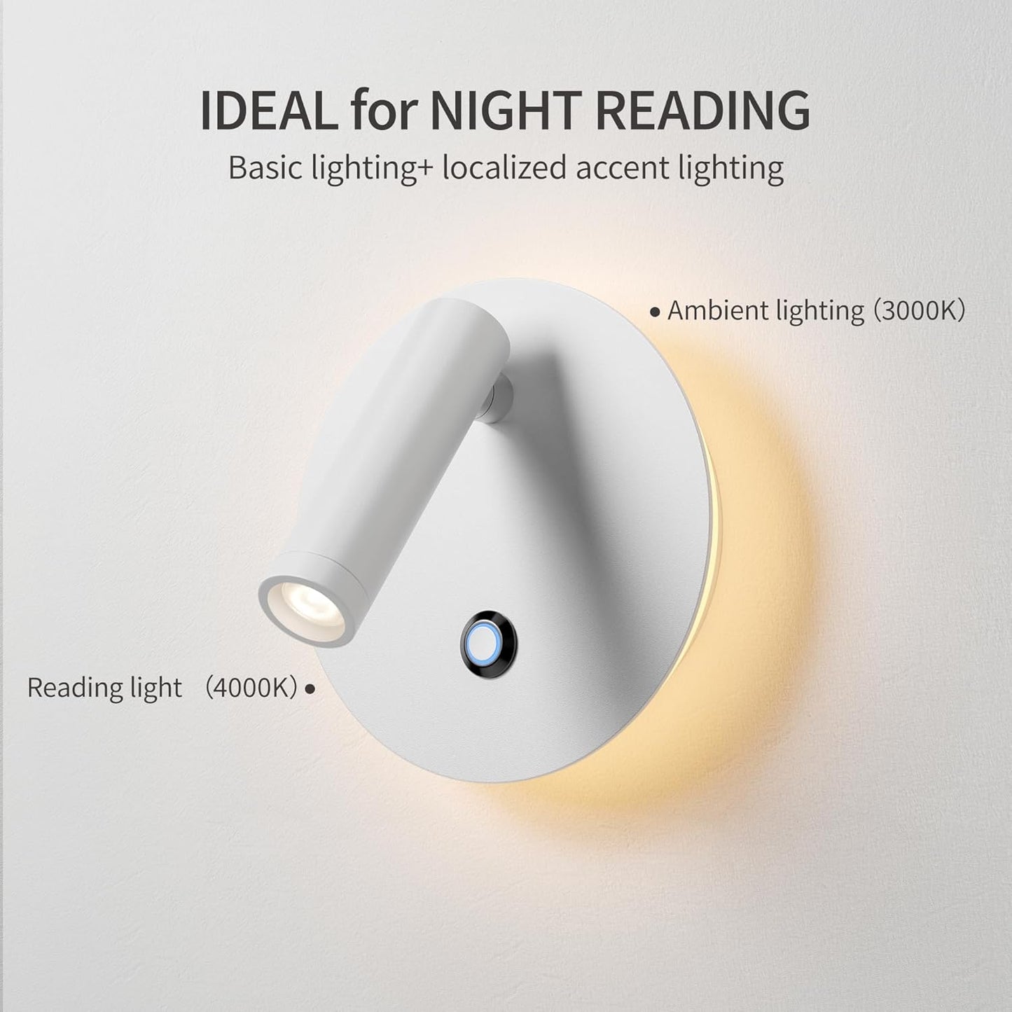 White LED Swivelling Wall Sconce with Touch Control 3W 3000K+3W 4000K Modern Adjustable Wall Spotlight