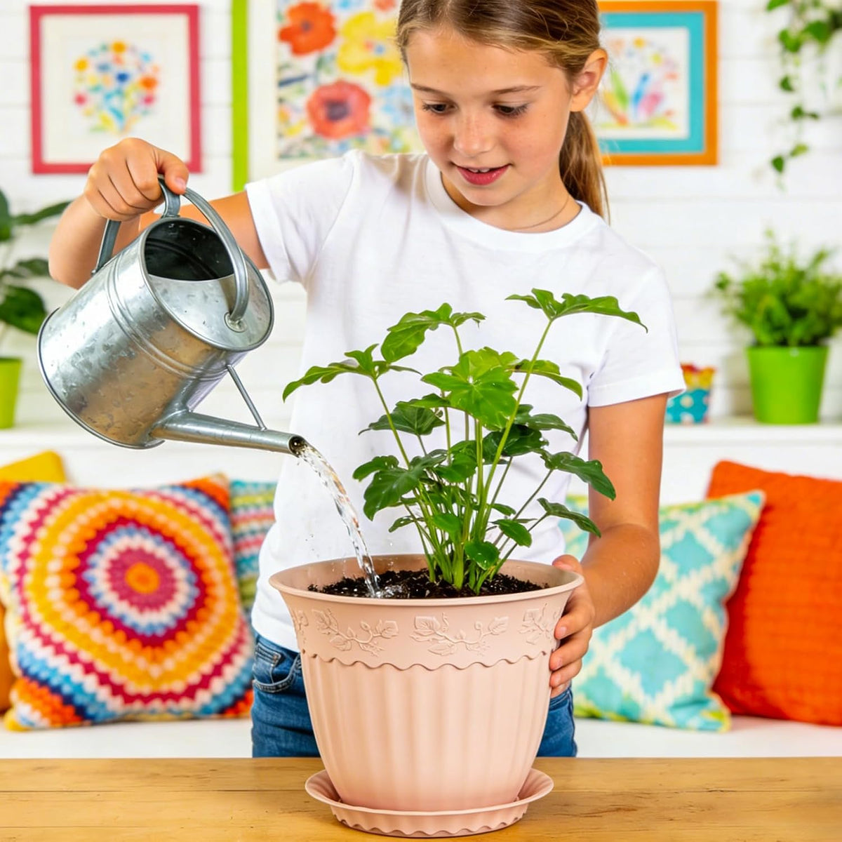 6 Pack 16.5cm Plant Pots, Plastic Planters with Drainage Holes and Saucers, Decorative Embossed Flower Pots for Indoor Outdoor House Plants Succulent Orchid Cactus Herb (Pink)