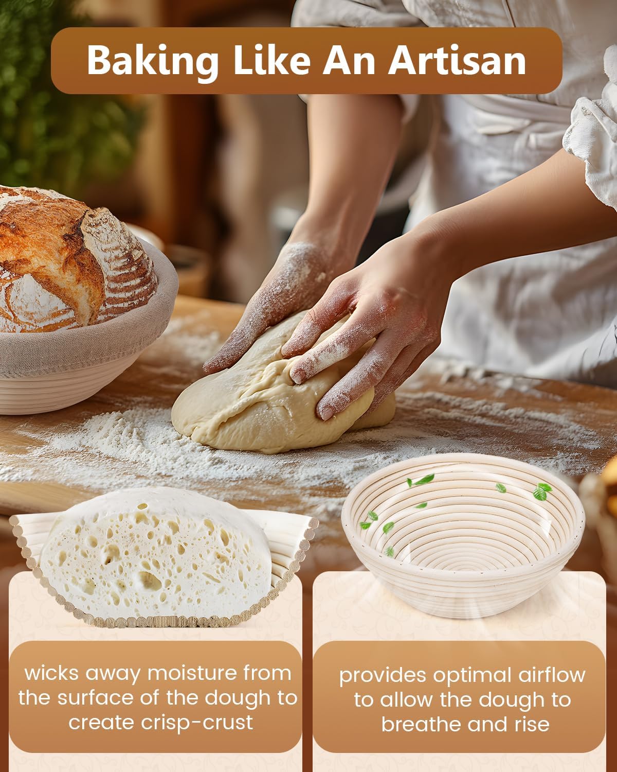 Bread Proofing Basket Set, 9 Inch Round and 10 Inch Oval Rattan Banneton Bowl with Sourdough Bread Making Tools